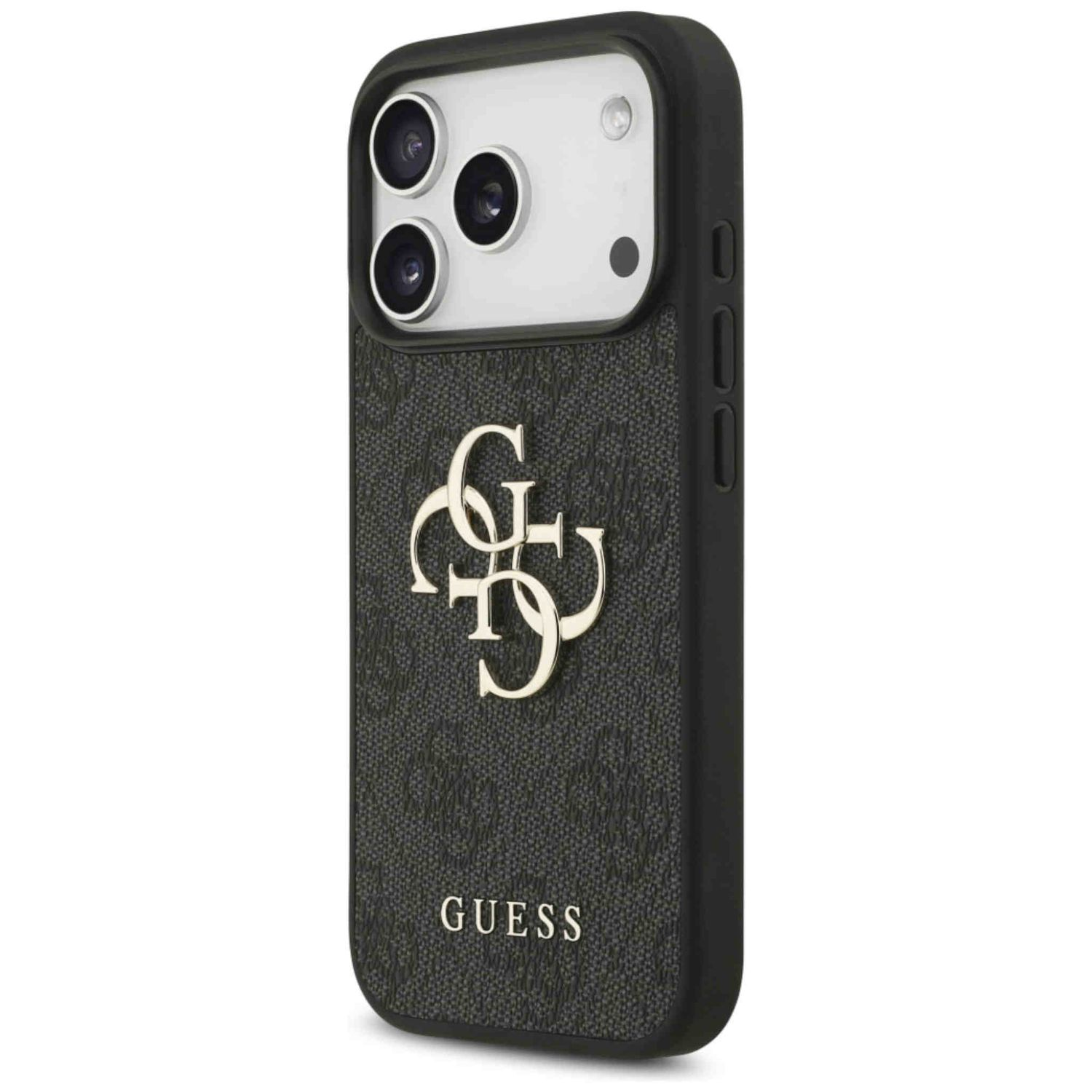 Eine schwarze Guess-Handyhülle. Es hat ein Logo darauf. Das Telefon hat drei Kameras.