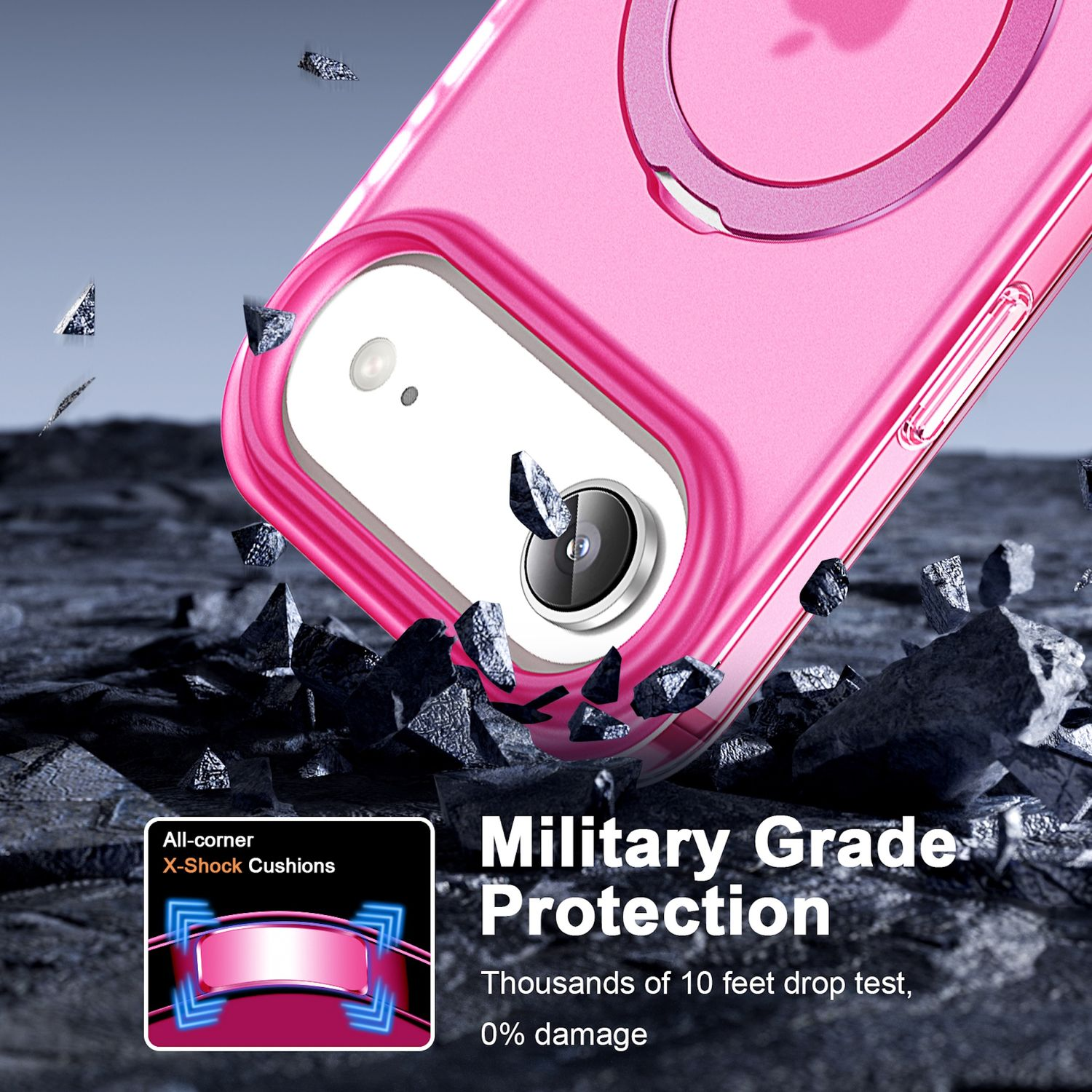 Funda rosa para teléfono, con texto de protección de grado militar. La funda se muestra con rocas cayendo, promoviendo la protección contra caídas.