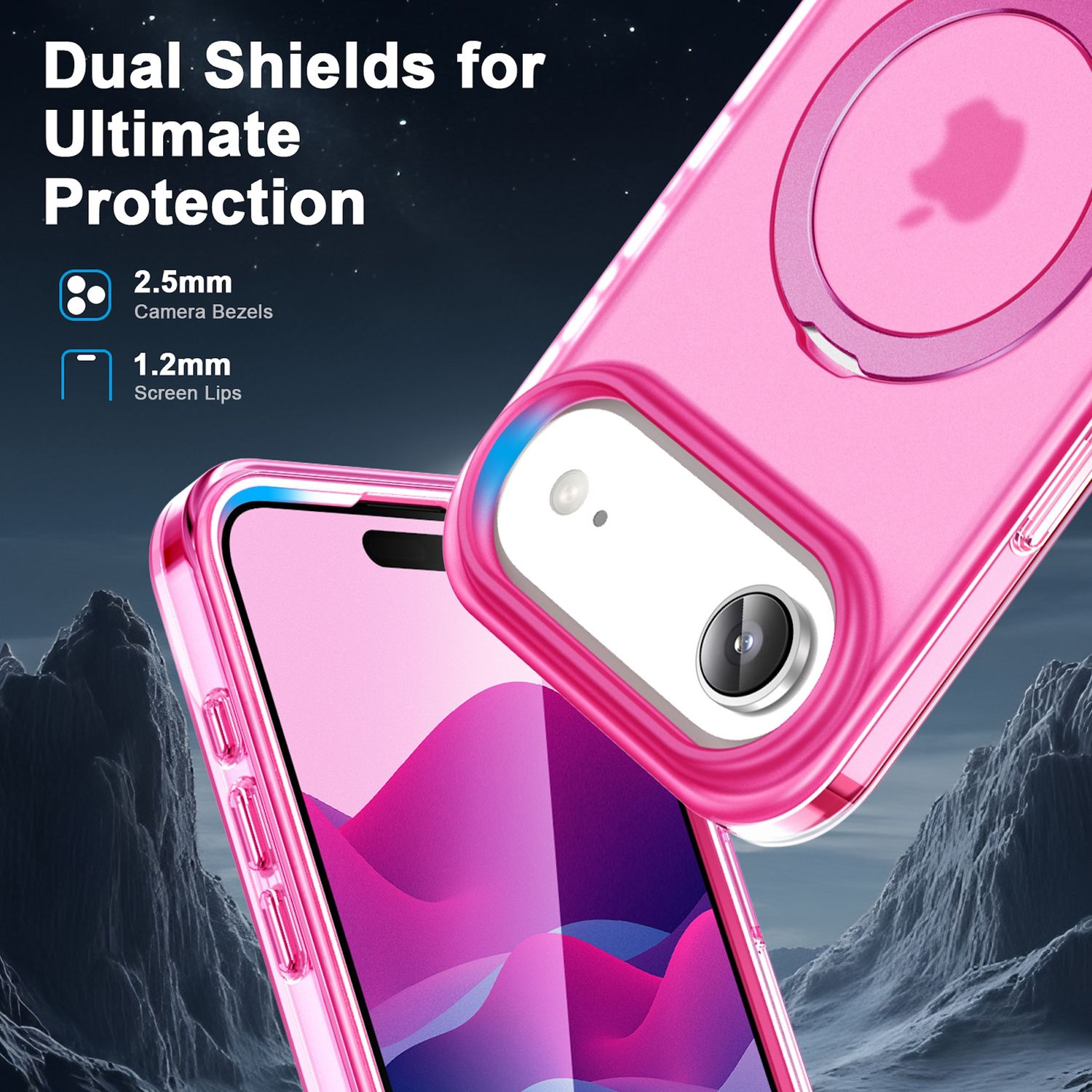 Se muestran fundas rosas para teléfonos con protección de cámara y pantalla. El fondo presenta una cordillera y texto que promueve escudos dobles.