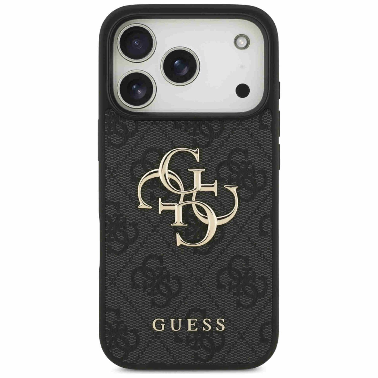 Eine Handyhülle mit Guess-Logo. Die Hülle ist schwarz mit Muster und hat ein goldenes Guess-Logo. Sie hat Kameraausschnitte oben.