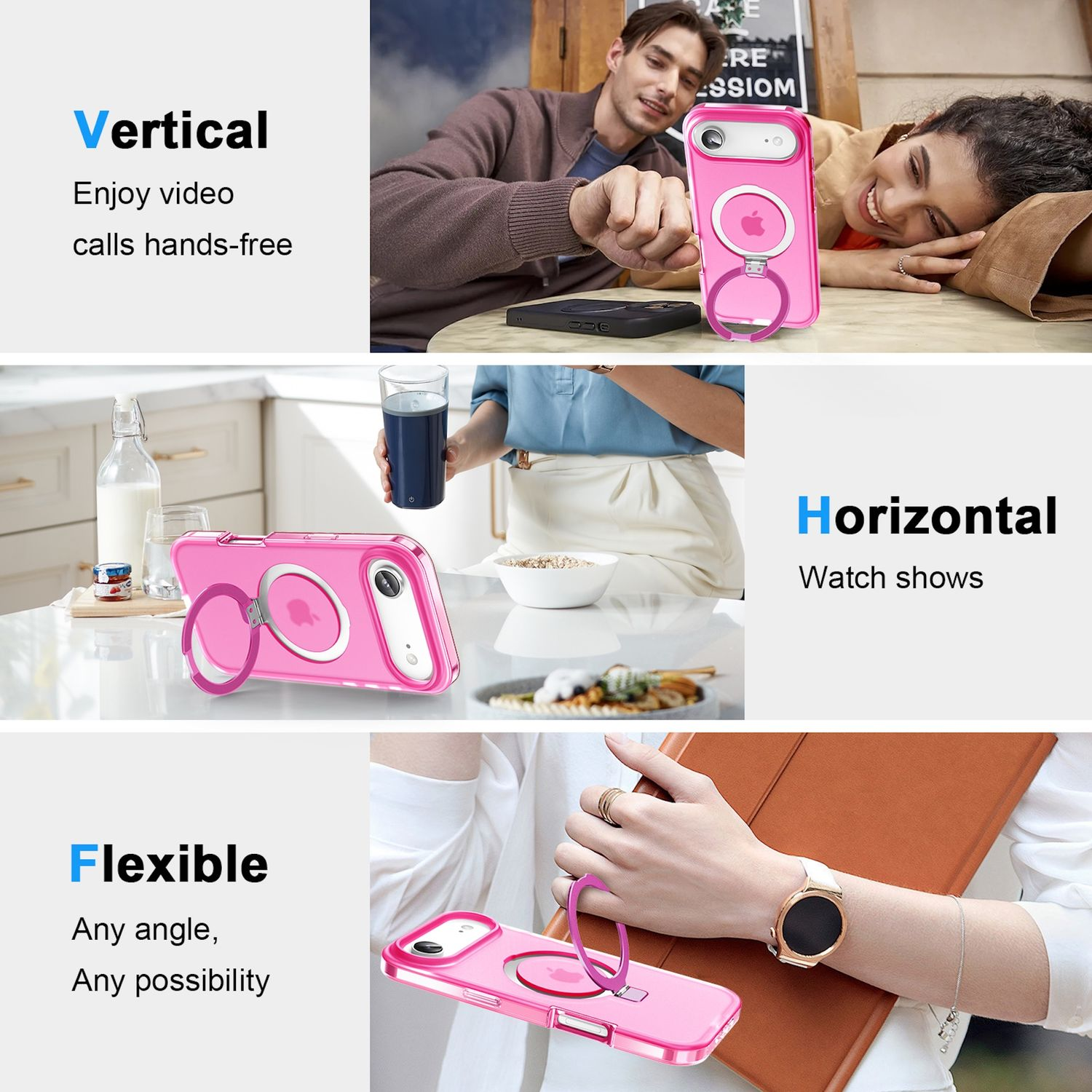 La imagen muestra una funda rosa para teléfono con un anillo, utilizada en diferentes posiciones. La gente la usa para llamadas, ver videos y otros usos flexibles.
