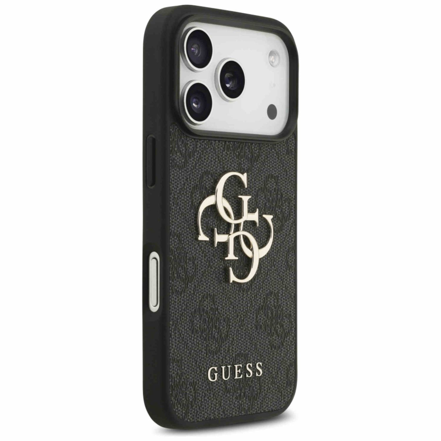 Eine schwarze Guess-Handyhülle mit Muster. Die Hülle hat das Guess-Logo in Silber und das Wort GUESS unten.