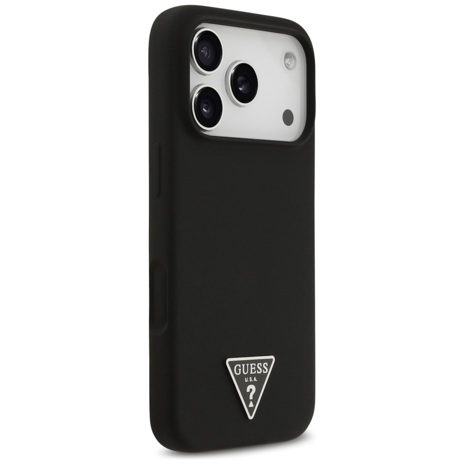 Custodia nera per iPhone con tre lenti. Visibile il logo Guess. La custodia è su sfondo bianco.