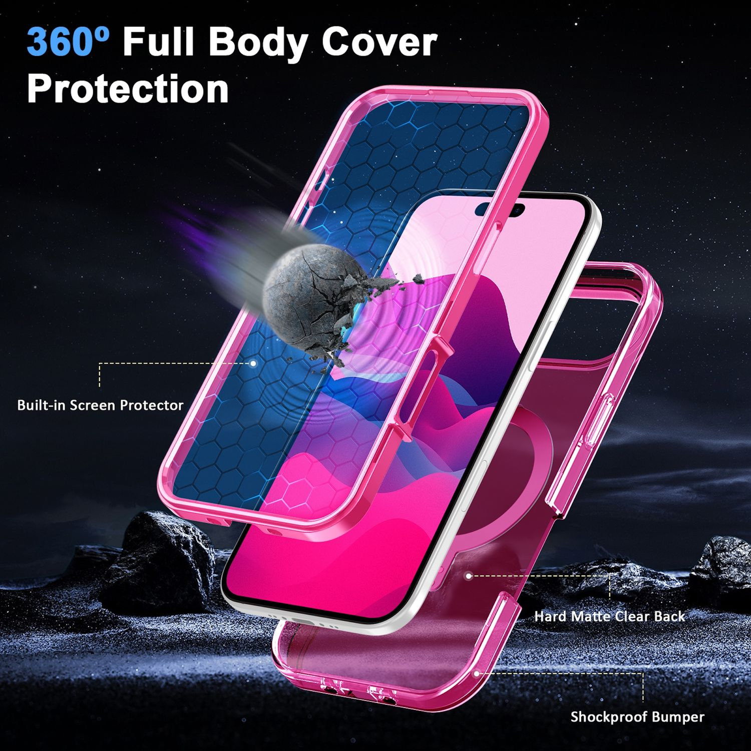Una funda de teléfono que muestra capas de protección. Una esfera impacta en la funda, que presenta un protector de pantalla, una parte trasera transparente y un parachoques.