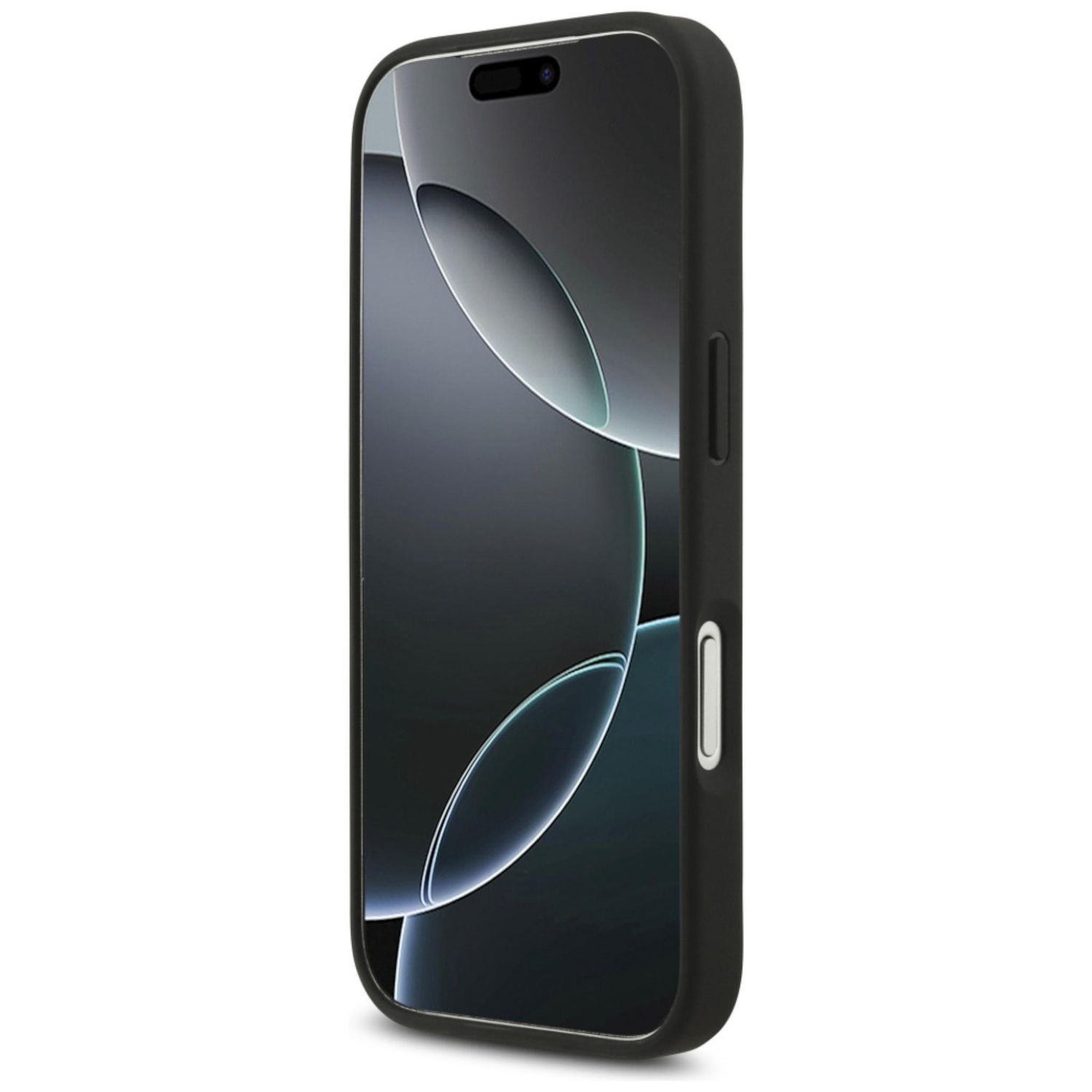 Ein schwarzes Smartphone in einer schwarzen Hülle steht aufrecht. Der Bildschirm zeigt ein dunkles, abstraktes Design mit hellen Kurven auf weißem Grund.
