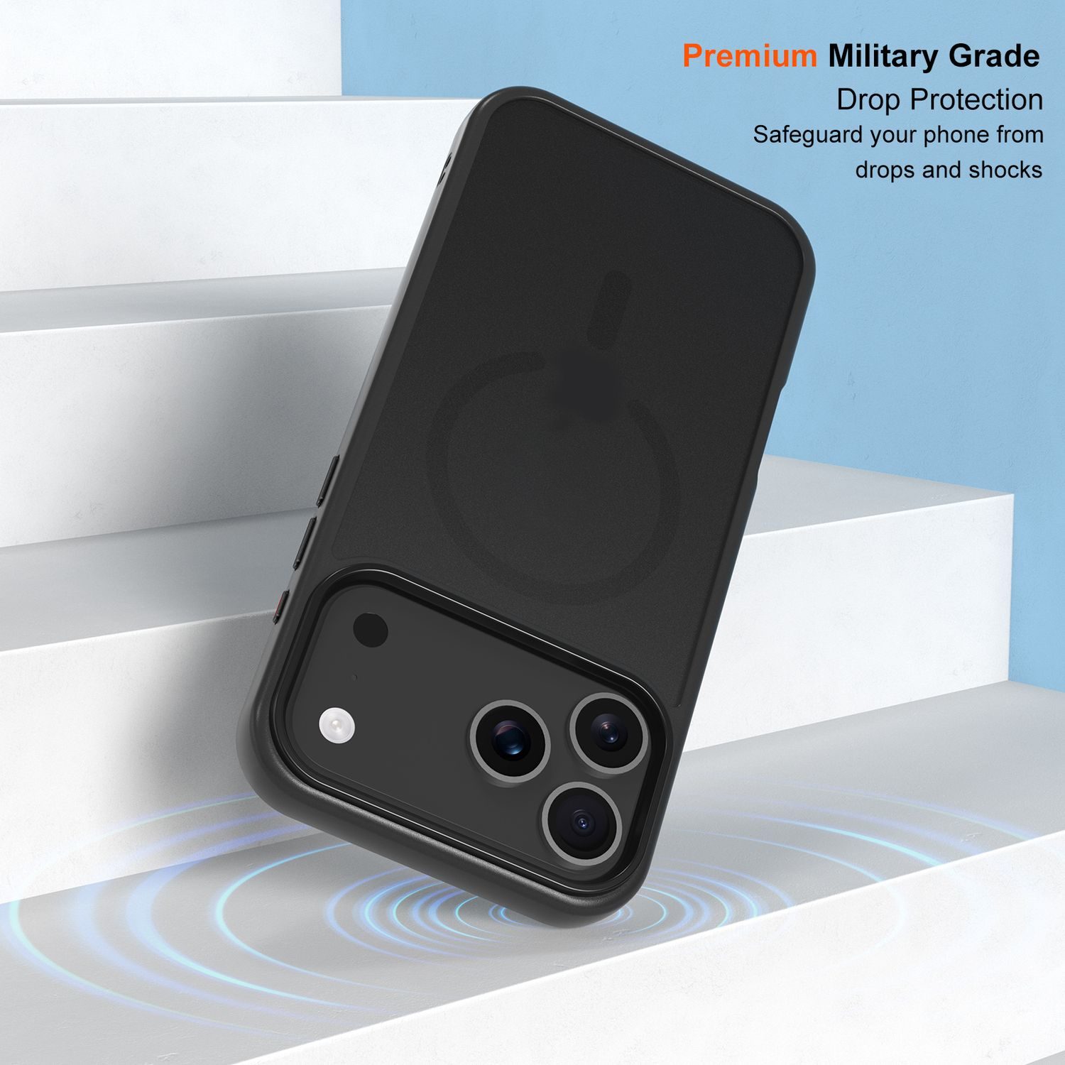 Eine schwarze Handyhülle auf weißen Stufen. Die Hülle hat Kameraausschnitte und ein Logo. Text: 'Premium Military Grade Drop Protection'.