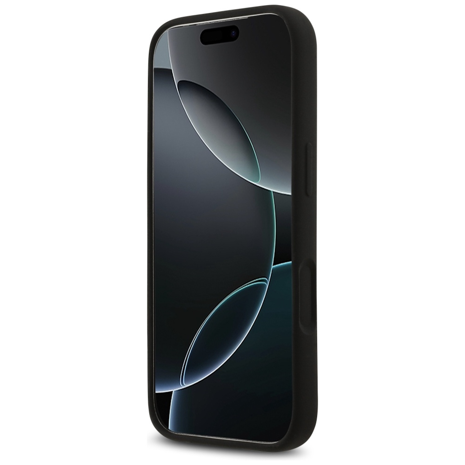 Un iPhone nero in una custodia nera, leggermente angolato. Lo schermo mostra un design scuro e astratto di linee curve.
