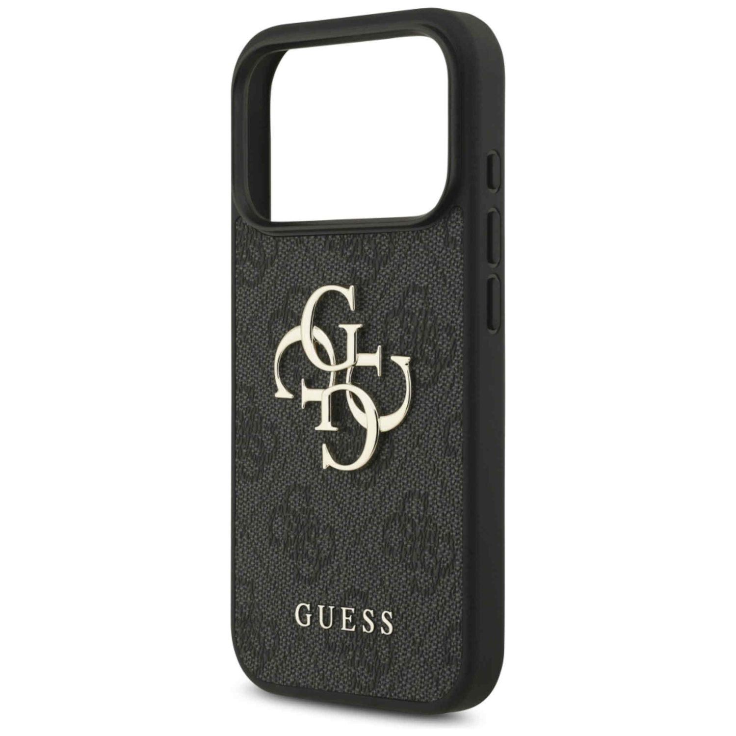 Eine schwarze Handyhülle mit Guess-Logo. Die Hülle hat ein strukturiertes Muster und das Guess-Logo in Silber. Das Wort GUESS steht unten.