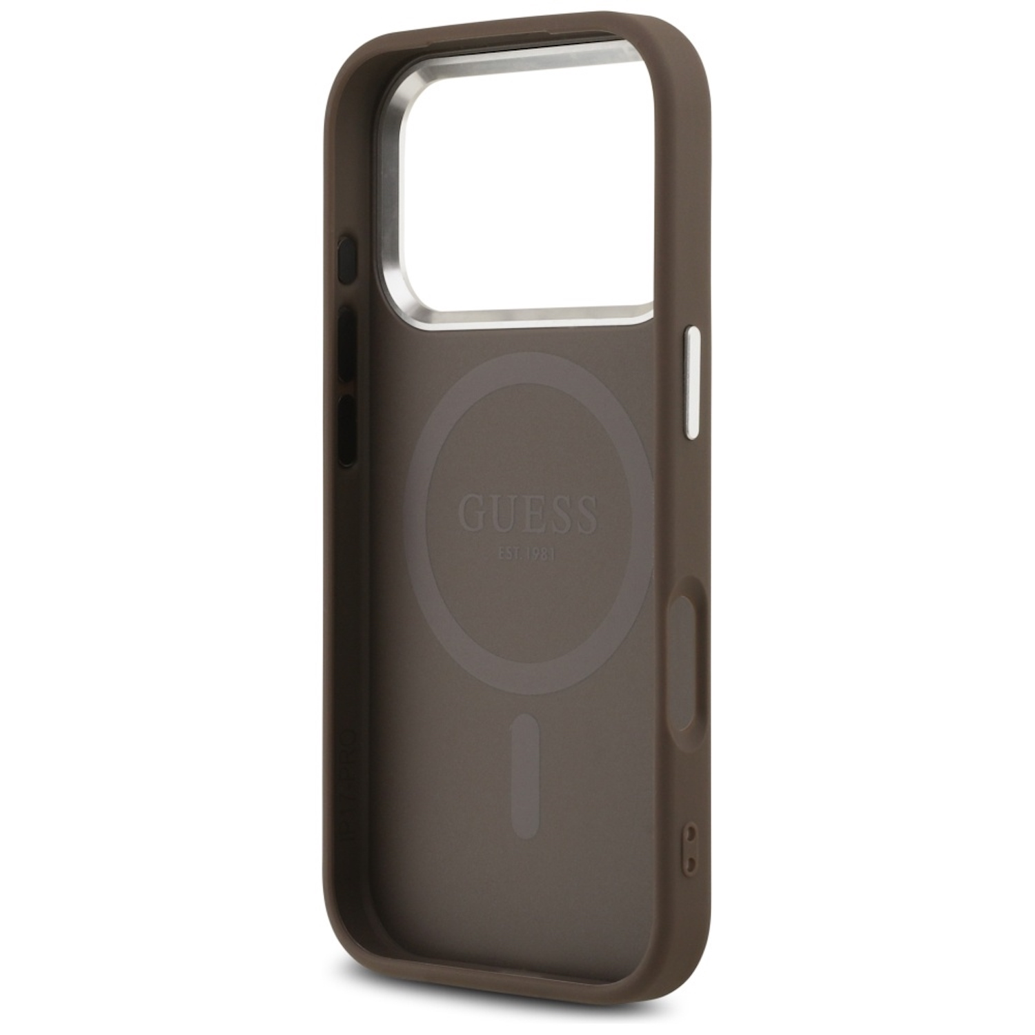 Eine braune Guess-Handyhülle mit silbernem Kameraausschnitt. Das Guess-Logo ist auf der Rückseite sichtbar. Die Hülle ist für ein Smartphone.