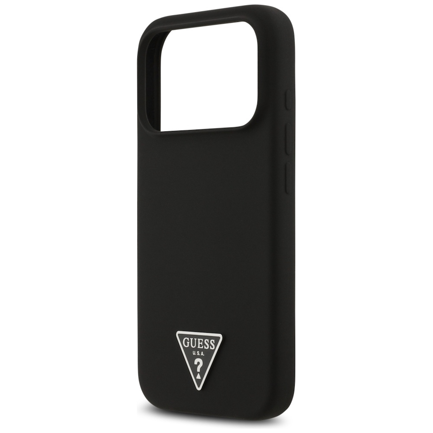 Custodia nera per telefono con il logo Guess. Ha un ritaglio per la fotocamera e pulsanti laterali. Lo sfondo è bianco.