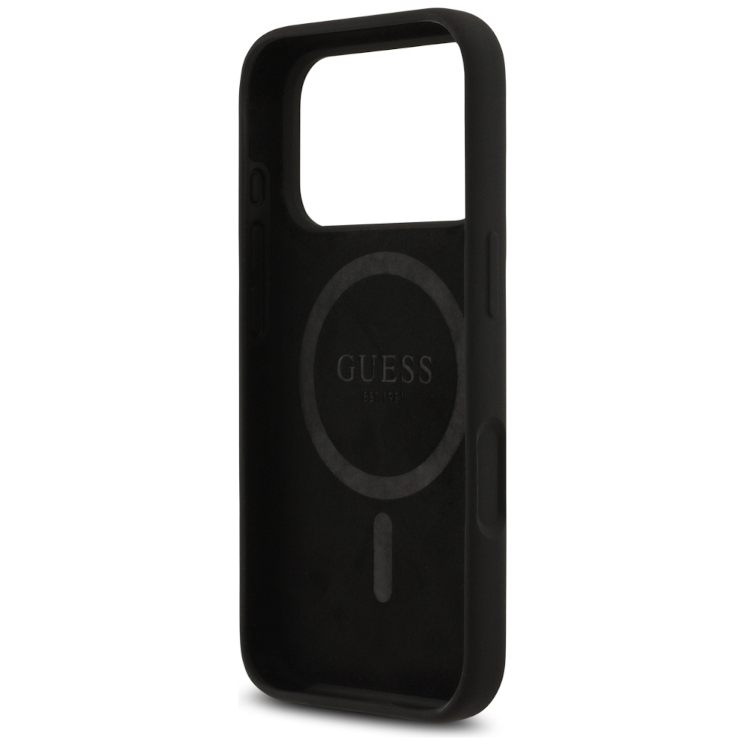 Custodia per telefono nera con logo Guess. La custodia ha un'apertura per la fotocamera e i pulsanti. Lo sfondo è bianco.