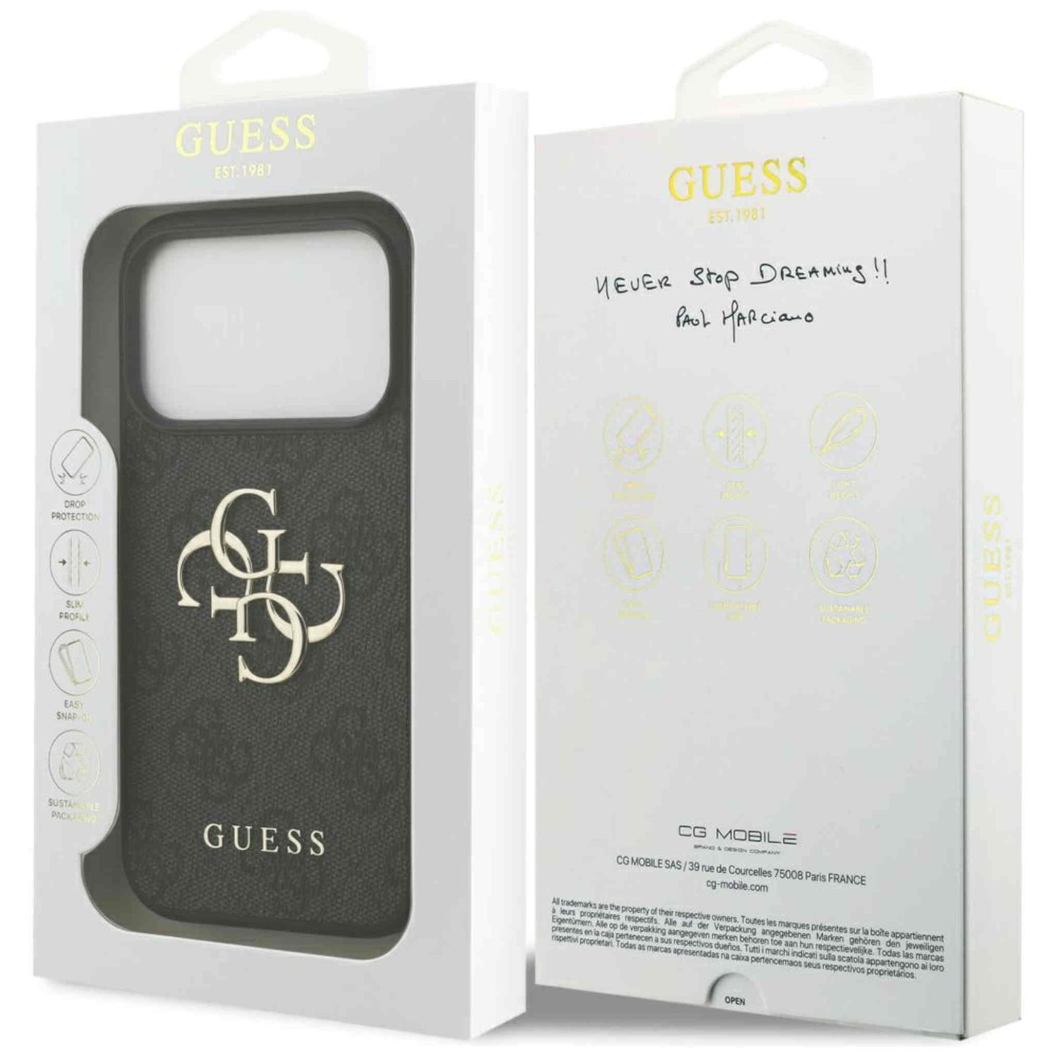 Eine Guess-Handyhülle in einer Box. Die Hülle ist dunkel mit dem Guess-Logo. Die Box hat Text und eine Unterschrift.