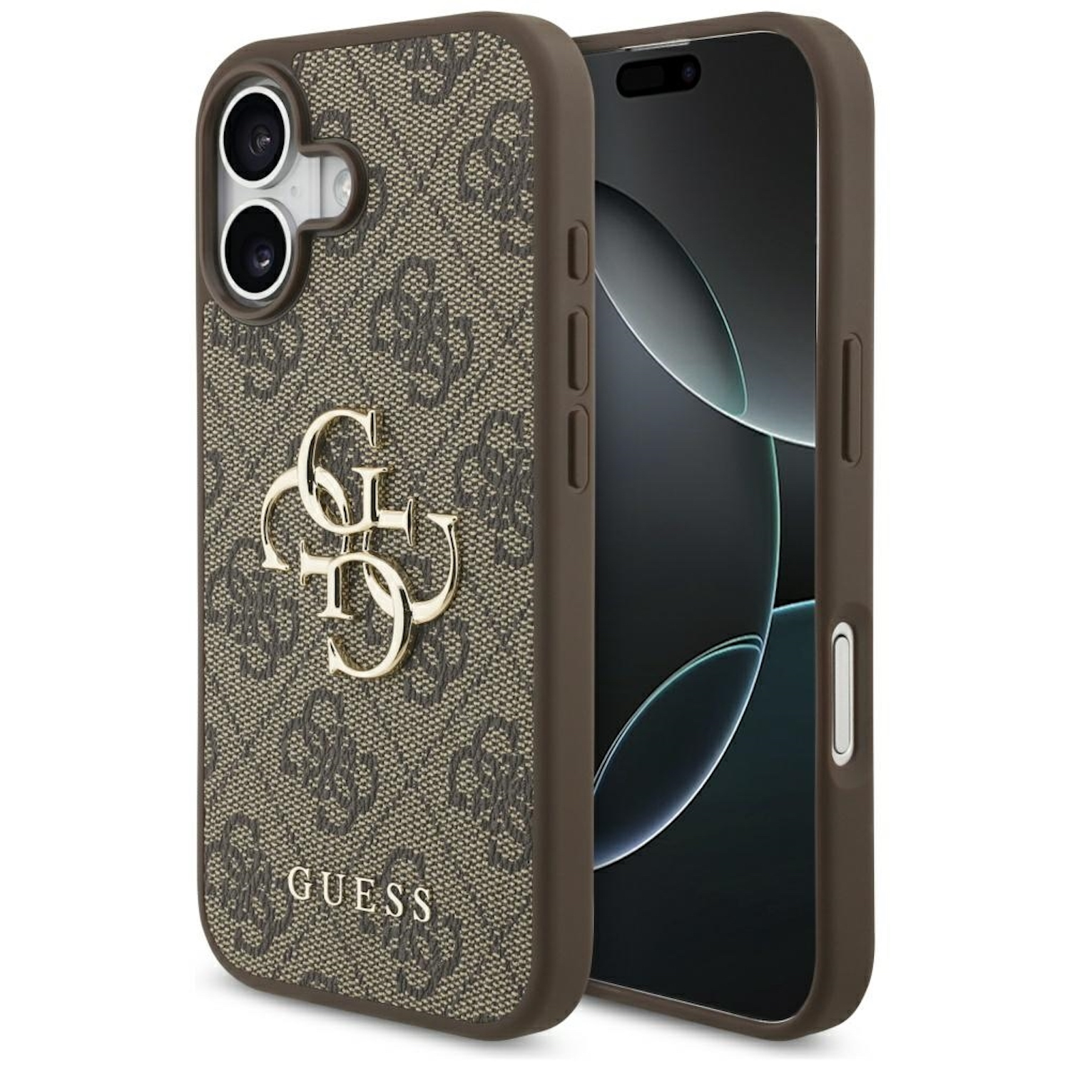 Eine braune Guess-Handyhülle mit dem Guess-Logo, die ein Telefon hält. Die Hülle hat ein gemustertes Design mit Kameraausschnitten und Seitentasten.