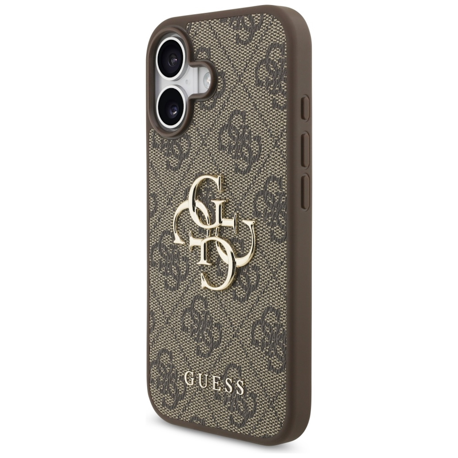 Eine Guess-Handyhülle mit sich wiederholendem Logo-Muster. Sie hat einen braunen Rand und ein goldenes Guess-Logo. Das Telefon hat zwei Kameras.
