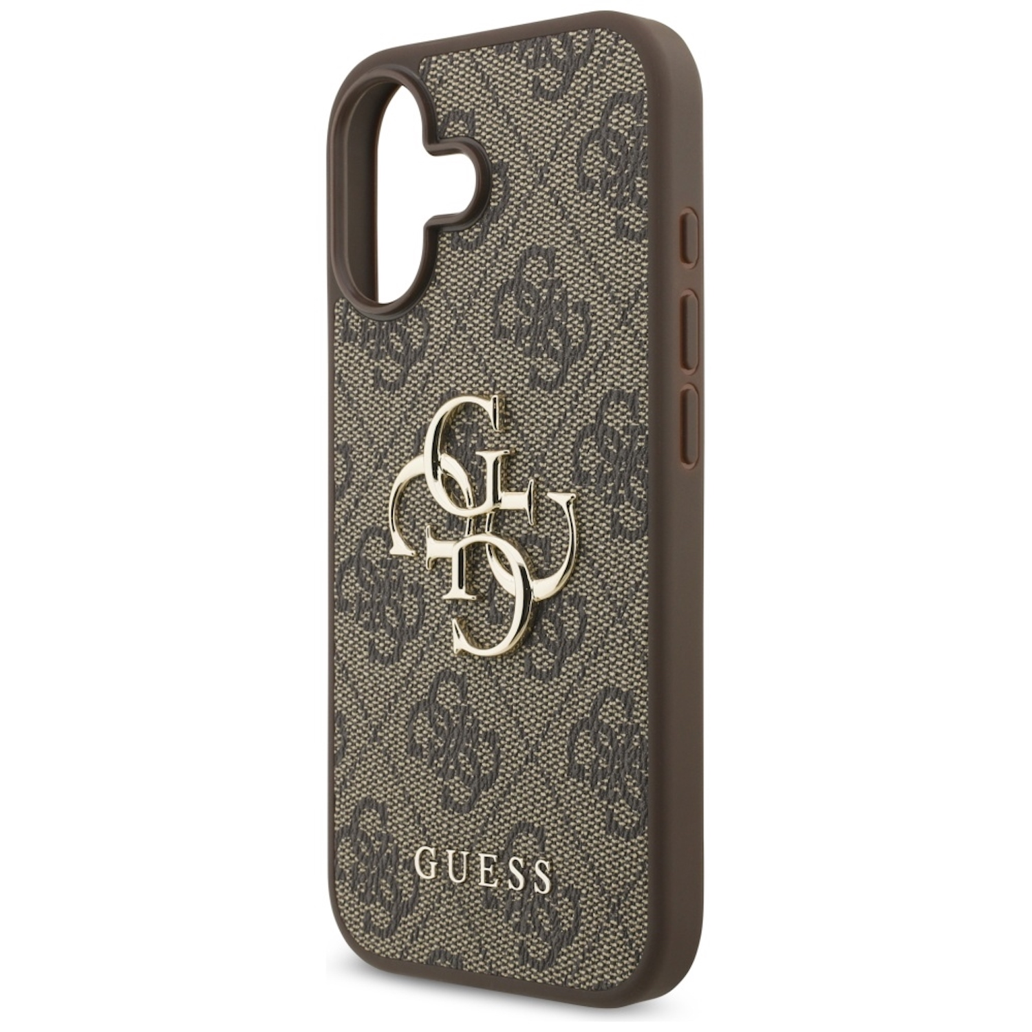 Eine Guess-Handyhülle in Braun und Beige mit sich wiederholendem Muster und goldenem Logo. Die Hülle ist angewinkelt, die Seitentasten sind sichtbar.