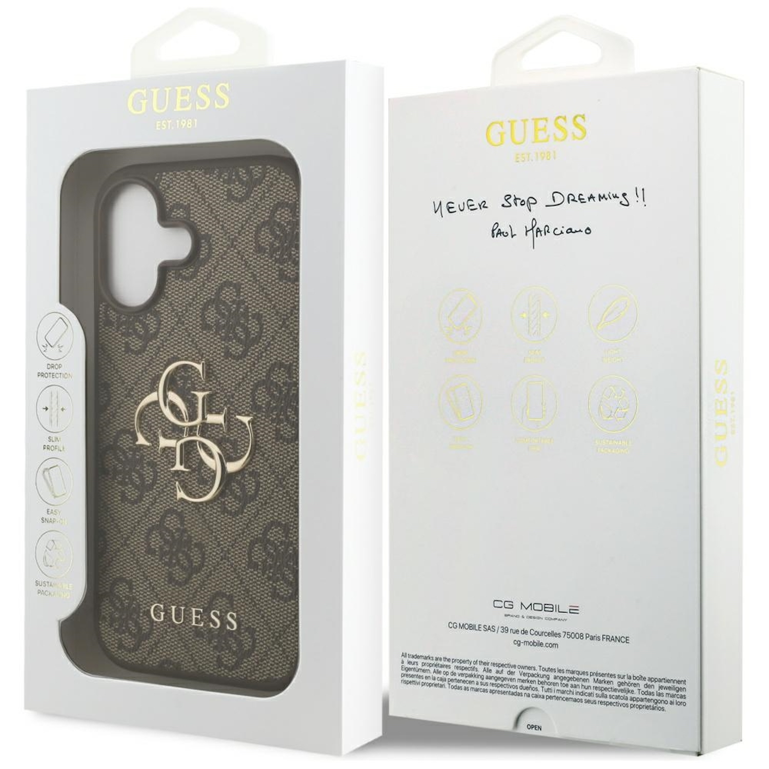 Ein Guess-Handyhülle in der Box. Die Hülle ist braun mit Logo. Die Box ist weiß mit Text und einer Unterschrift.
