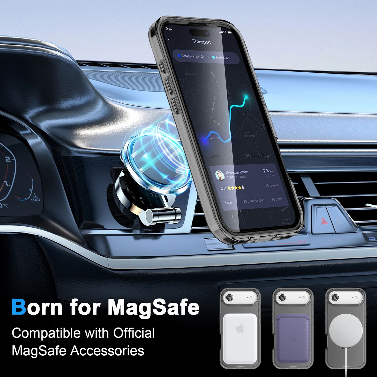 Teléfono en el salpicadero de un coche con una aplicación de navegación abierta, rodeado de accesorios MagSafe y el texto 'Born for MagSafe'.