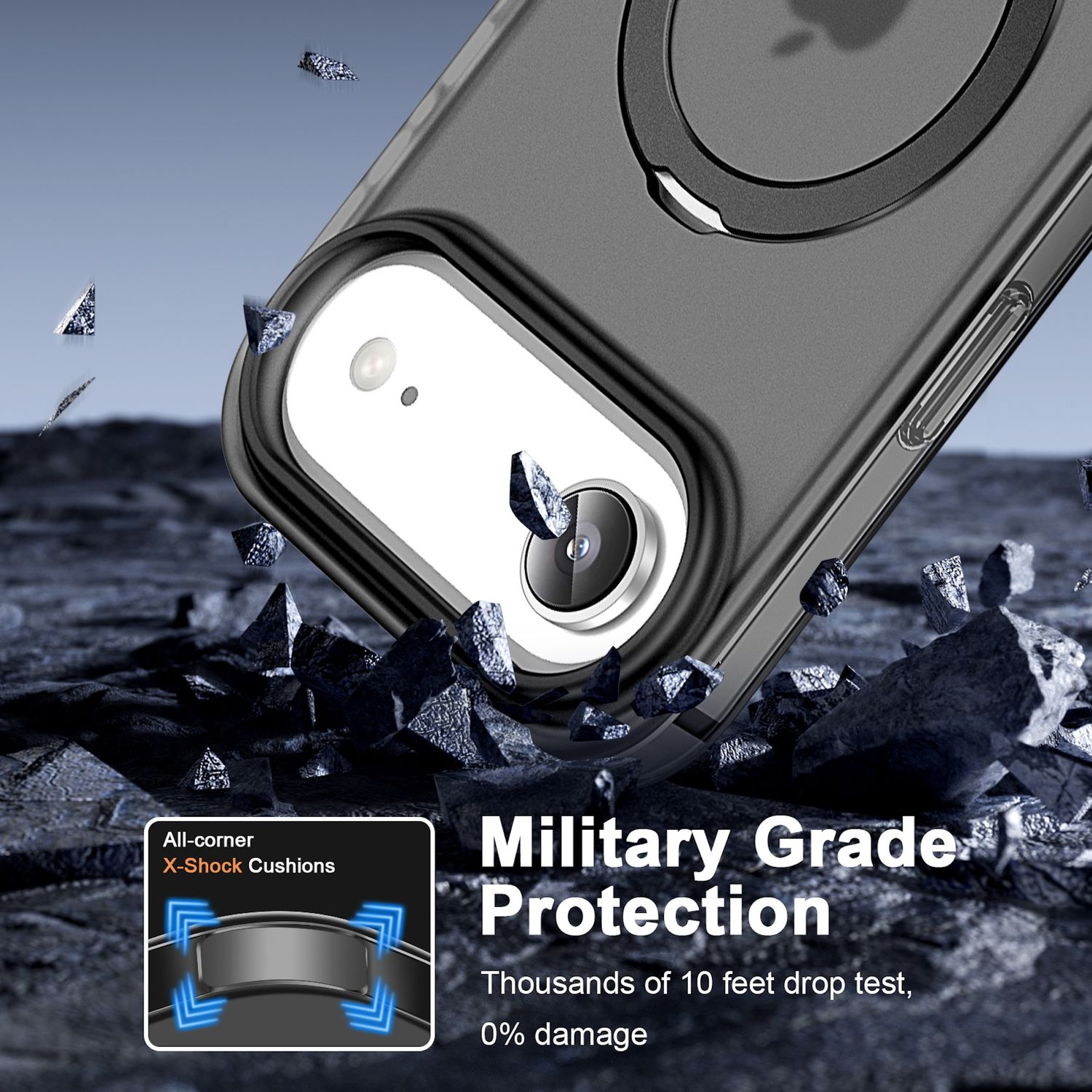 Una funda protege un teléfono. La funda es transparente y tiene un marco negro. La imagen contiene textos sobre Protección de Grado Militar.