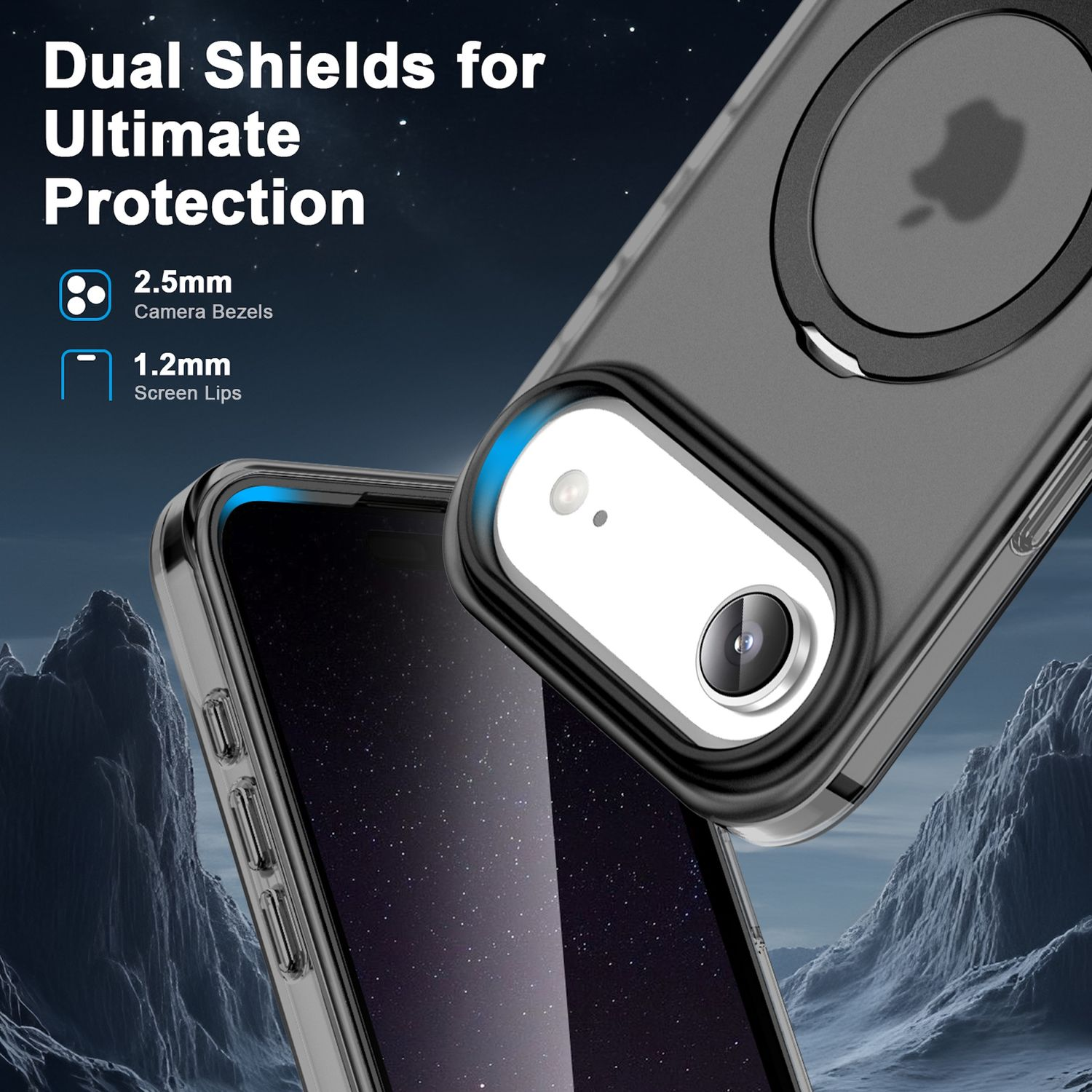 Funda de teléfono con doble escudo. La funda tiene un diseño transparente y un anillo negro. El fondo muestra montañas y el cielo nocturno.
