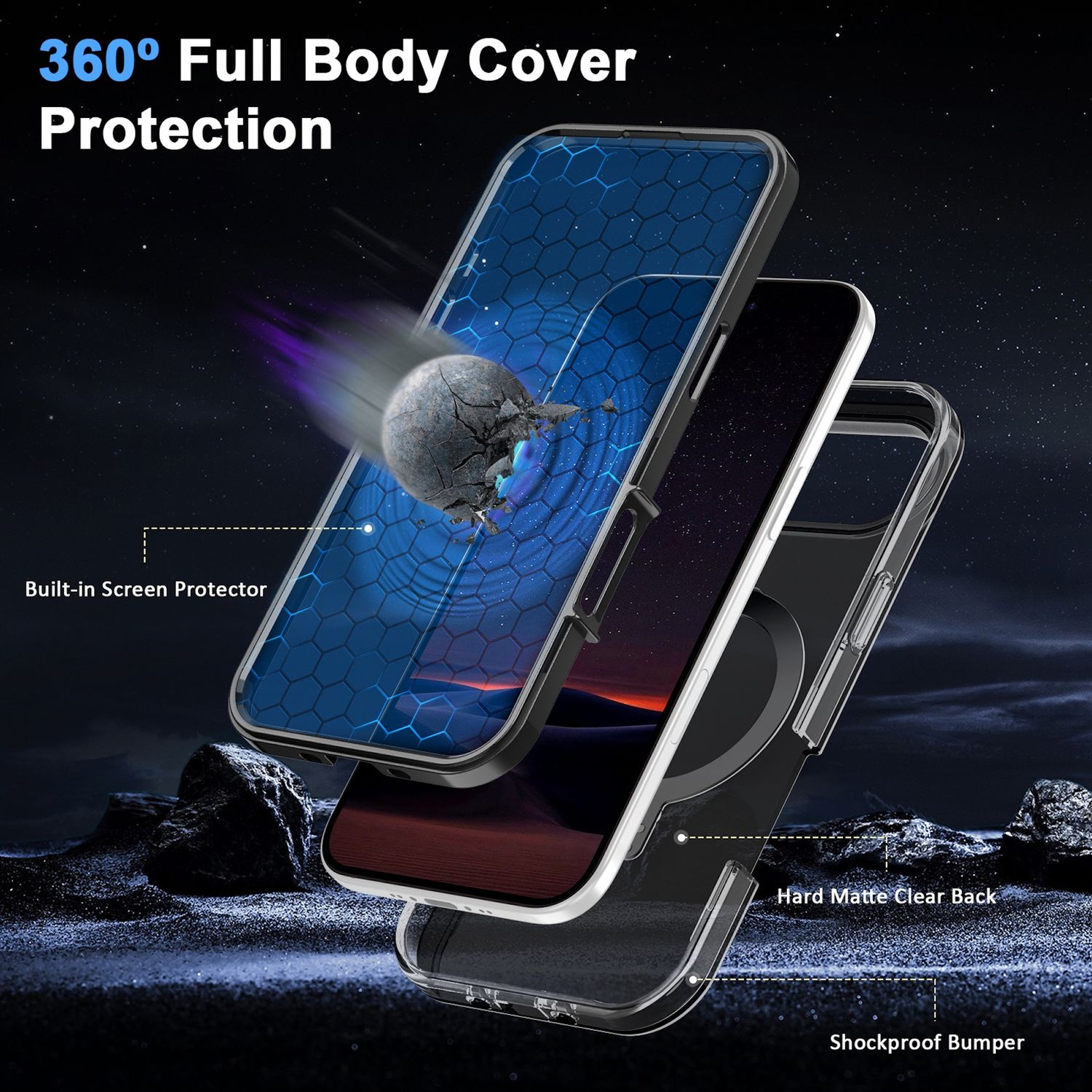 Se muestra una funda de teléfono con 3 capas, con etiquetas como 'Protector de pantalla integrado', 'Parte trasera transparente mate dura' y 'Parachoques a prueba de golpes'.