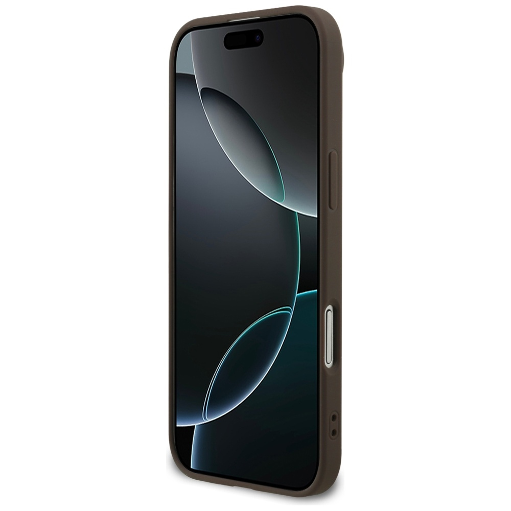 Uno smartphone in una custodia marrone, leggermente angolato. Lo schermo mostra un design astratto scuro con curve bianche e turchesi.