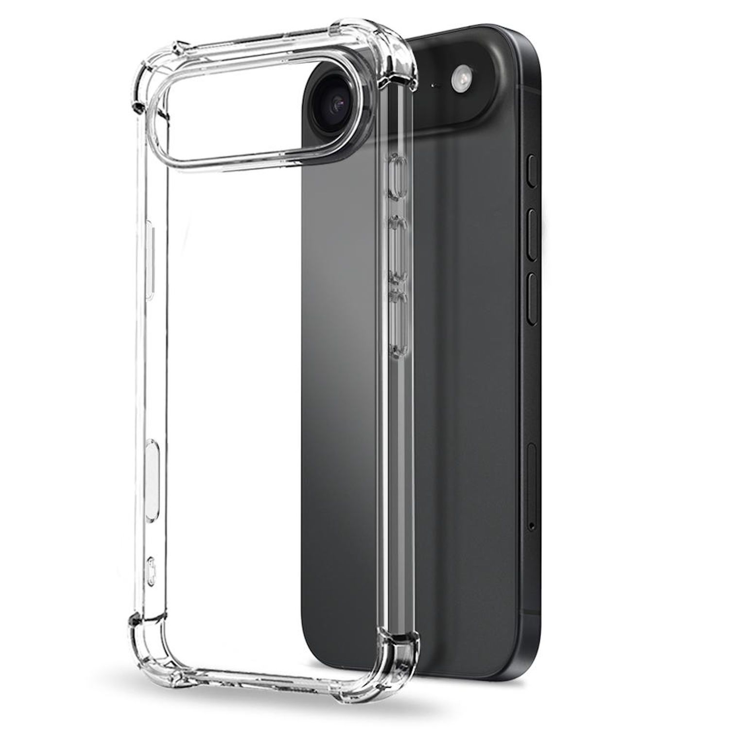 Una funda transparente junto a un teléfono negro. La funda tiene un recorte para la cámara. El teléfono tiene botones laterales.