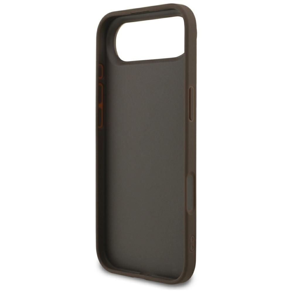 Una custodia marrone per telefono con ritagli per fotocamera, pulsanti e porta di ricarica. L'interno è grigio scuro.