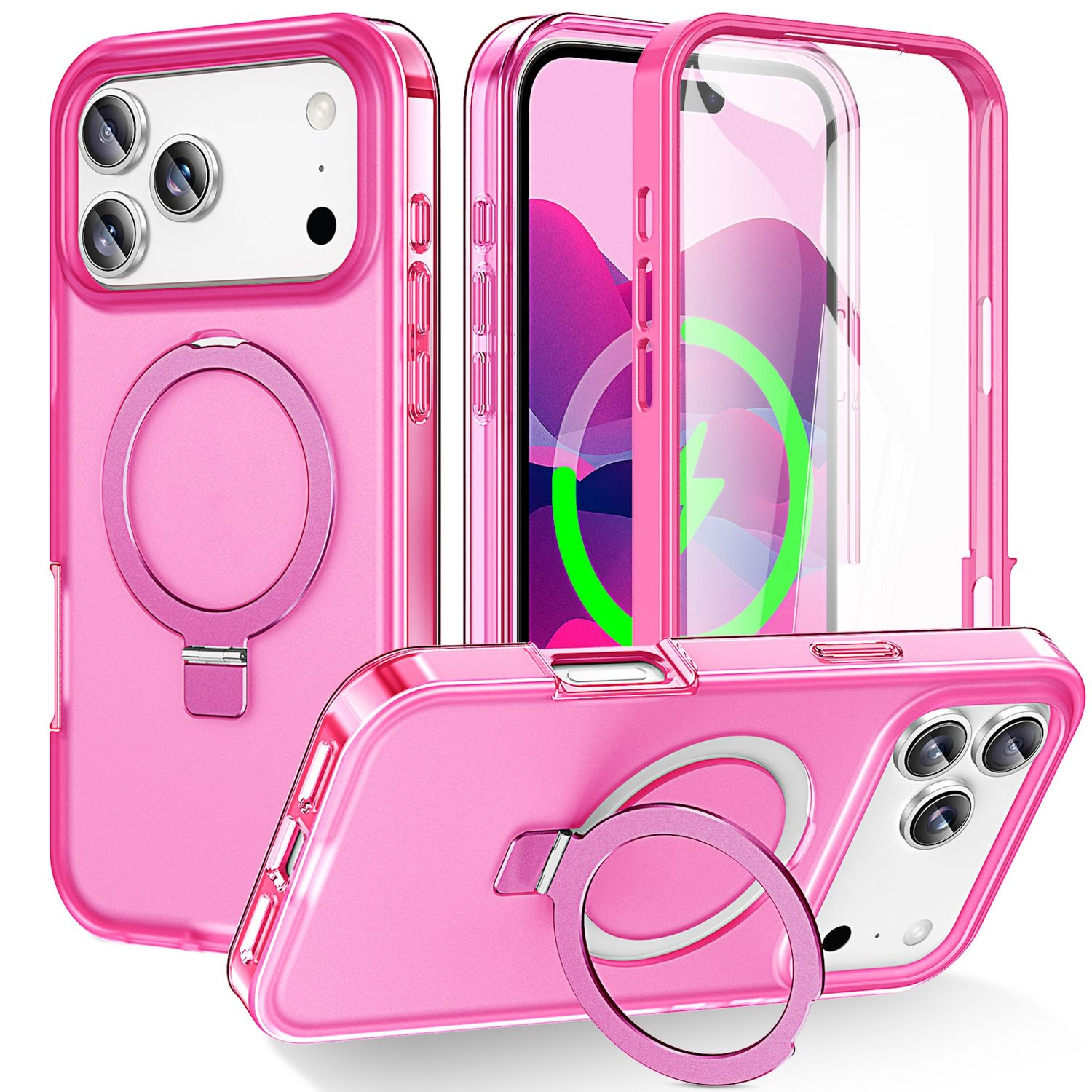 Rosa Handyhüllen mit Ringhaltern, eine transparente und ein Handy mit Ladeanzeige. Die Hüllen sind für iPhones.