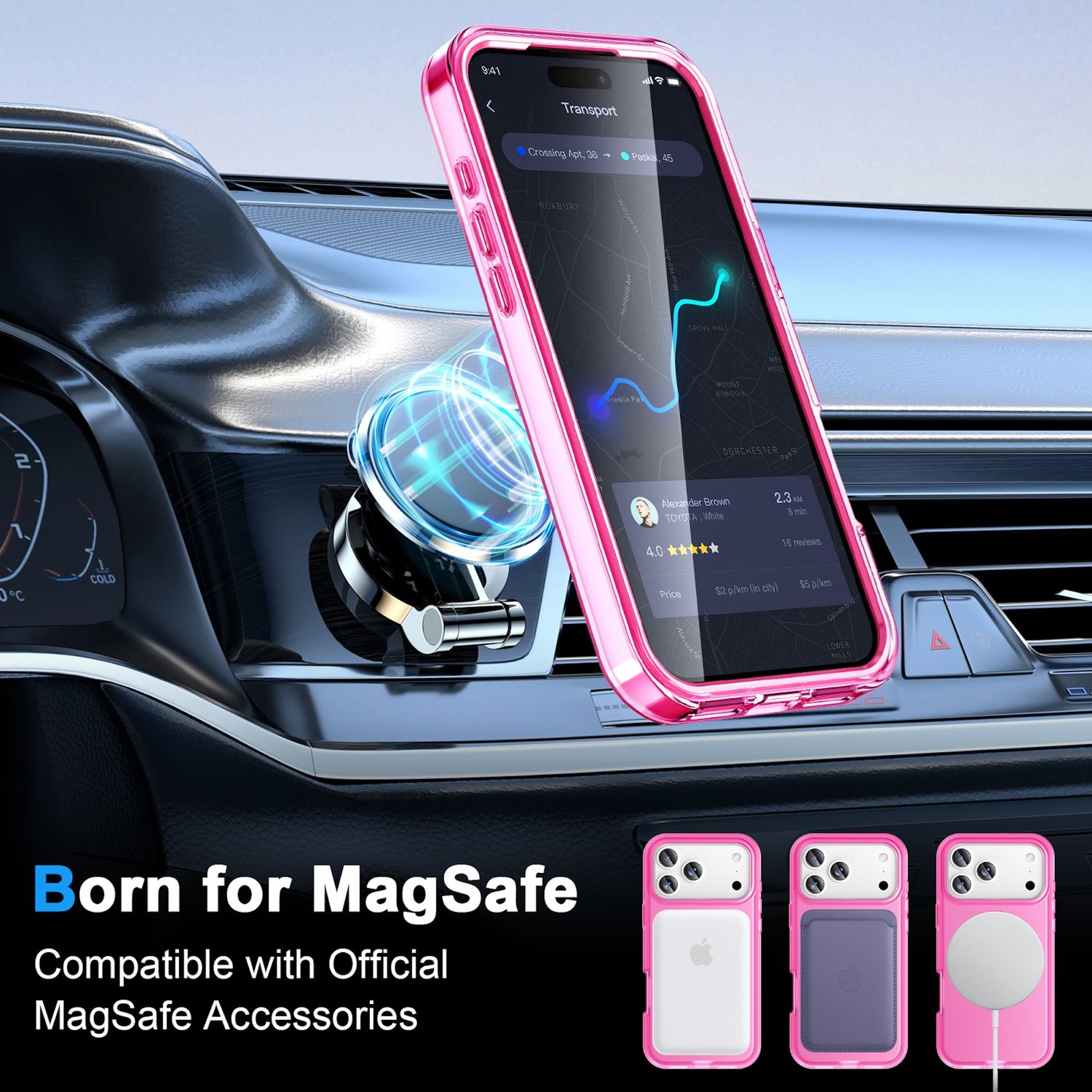 Ein pinkfarbenes Telefon in einer Autohalterung zeigt eine Karte. Hüllen mit MagSafe sind unten. Text: 'Born for MagSafe'.