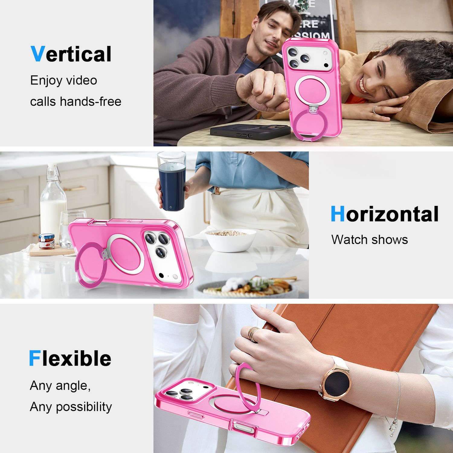 Das Bild zeigt eine Handyhülle mit Ring. Demonstrationen umfassen vertikale und horizontale Nutzung sowie flexible Positionierungsoptionen.