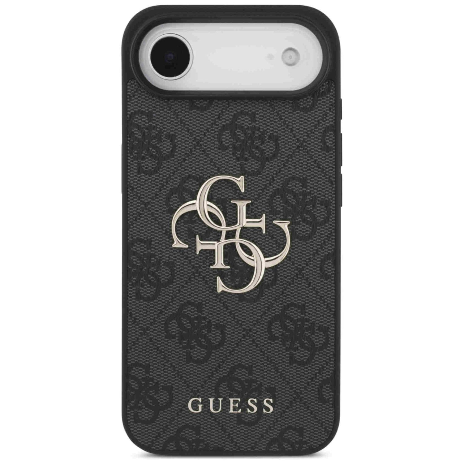 Una custodia per telefono Guess. È nera con un motivo ripetuto e un logo Guess argentato al centro. La parola GUESS è in basso.