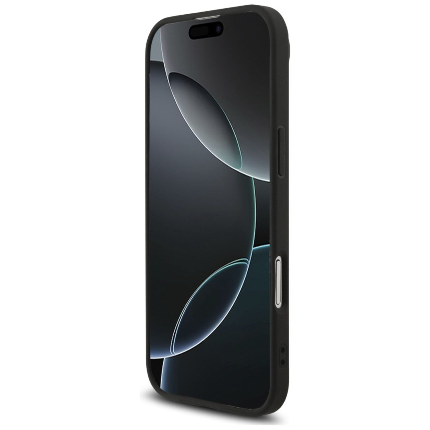Uno smartphone nero in una custodia nera, leggermente angolato. Lo schermo mostra un design astratto scuro. Il telefono è su sfondo bianco.