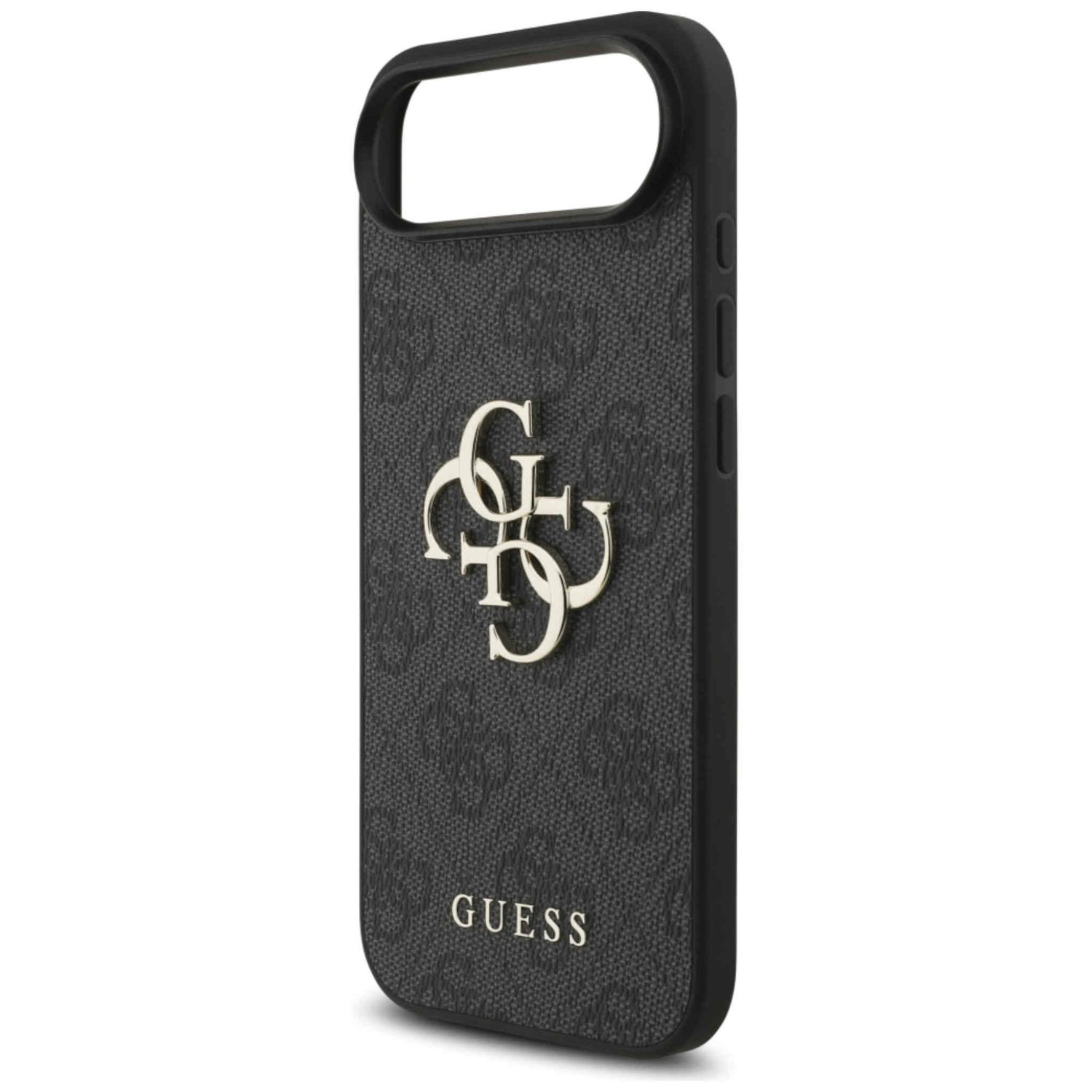 Una custodia nera per telefono con logo Guess. La custodia è decorata con un motivo. Il logo Guess è argentato.