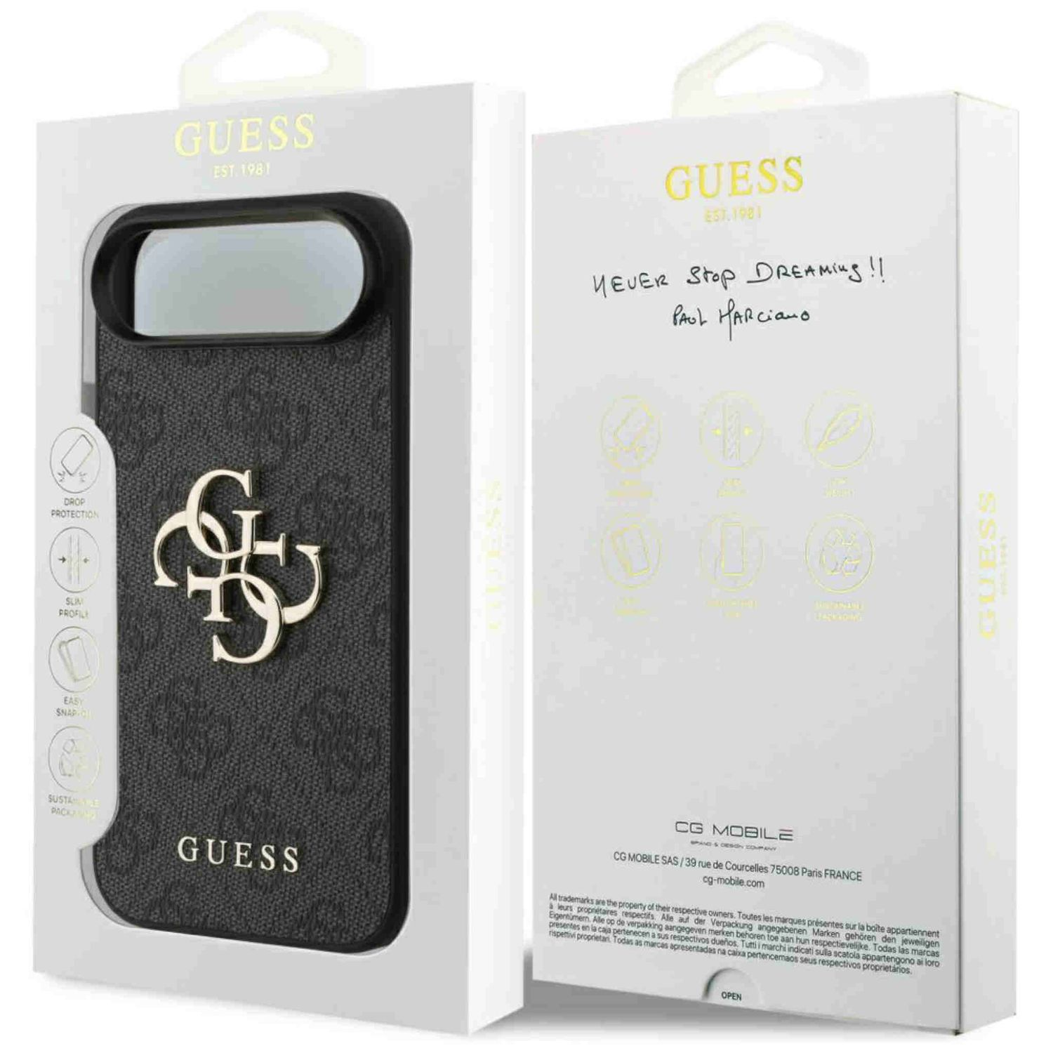 Una custodia per telefono Guess in una scatola. La custodia è nera con un logo dorato. La scatola è bianca con testo.
