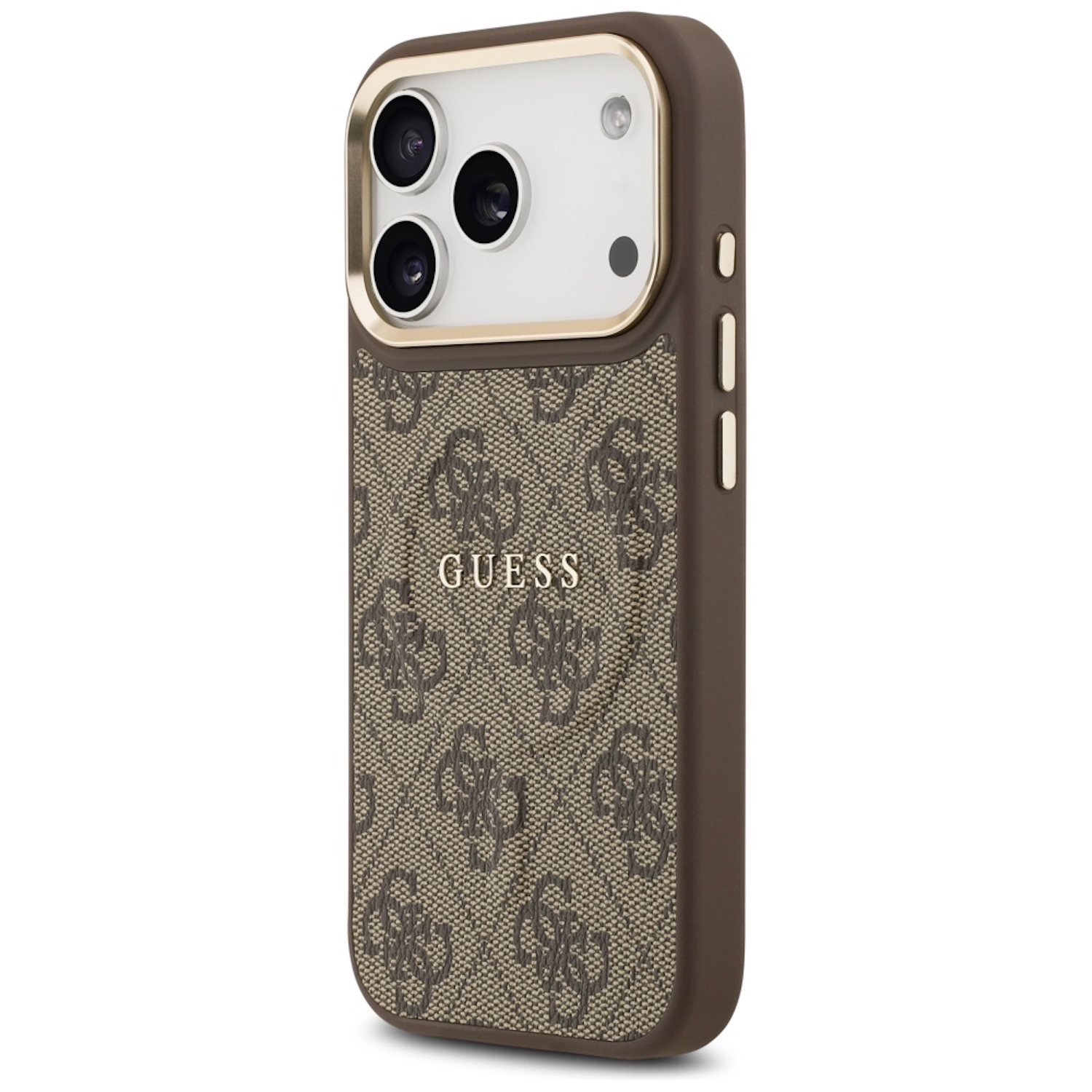 Una custodia per telefono Guess marrone. La custodia presenta il motivo del logo Guess e ha una cornice dorata per la fotocamera.
