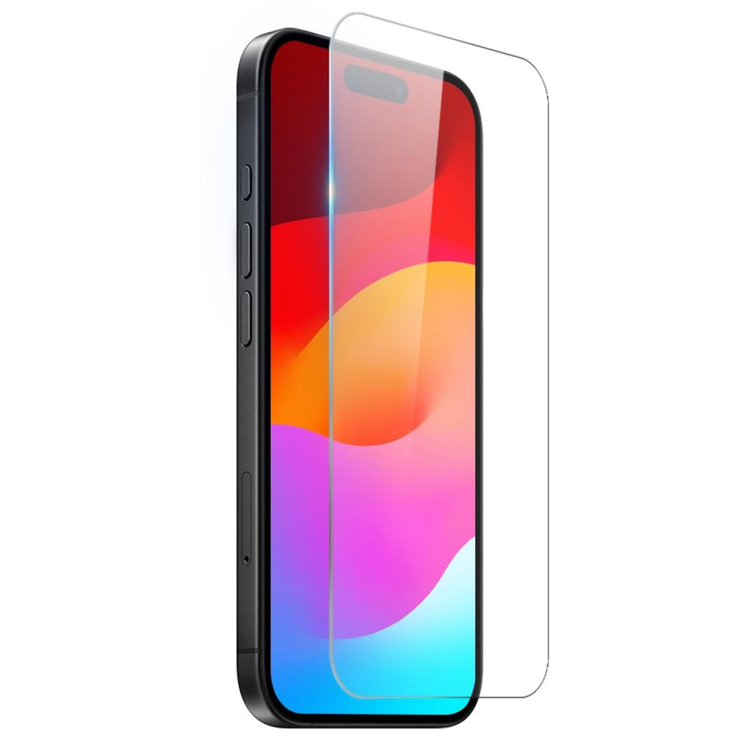 Ein schwarzes Smartphone mit Displayschutzfolie. Der Bildschirm zeigt einen abstrakten, farbenfrohen Hintergrund. Der Schutz ist transparent.