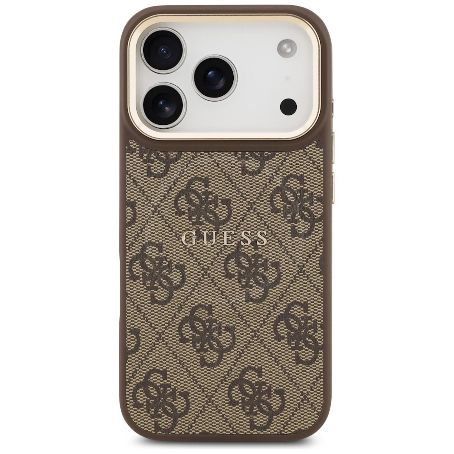 Una custodia Guess marrone per iPhone. Presenta il motivo del logo Guess, una cornice dorata attorno alla fotocamera e un bordo marrone.