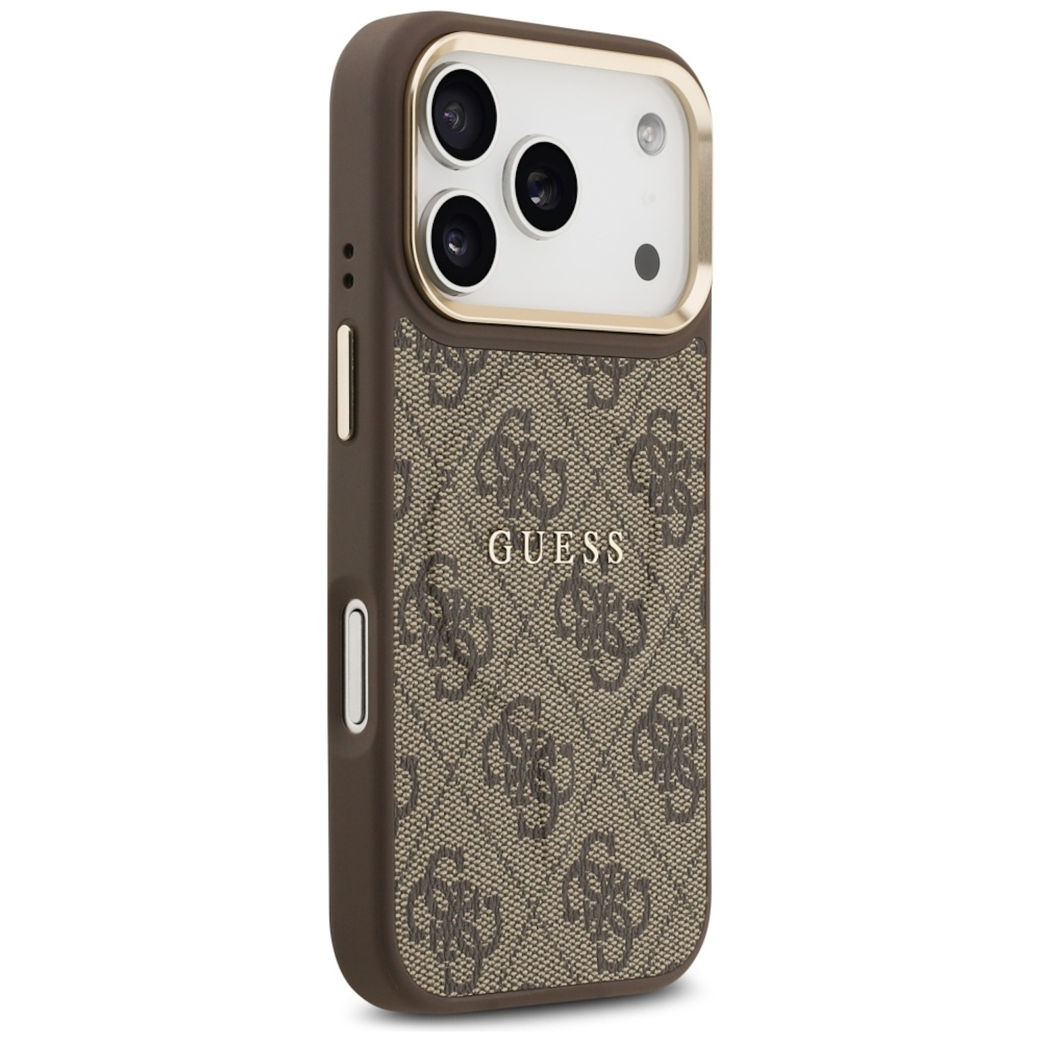 Una custodia per telefono Guess marrone e beige, con il logo Guess. L'area della fotocamera è dorata.