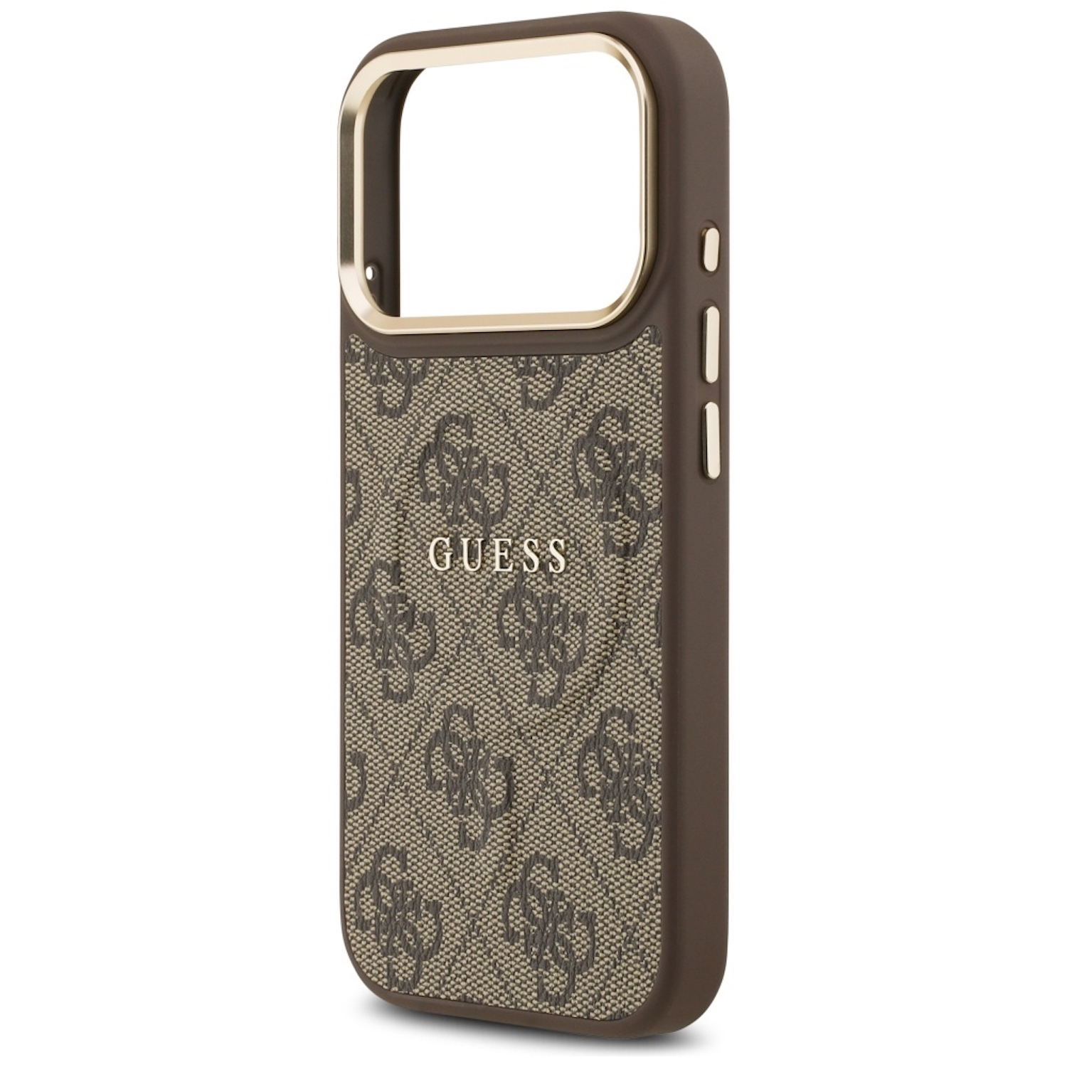 Una custodia per telefono Guess, marrone e beige con il logo Guess. La custodia ha una cornice color oro intorno all'area della fotocamera.