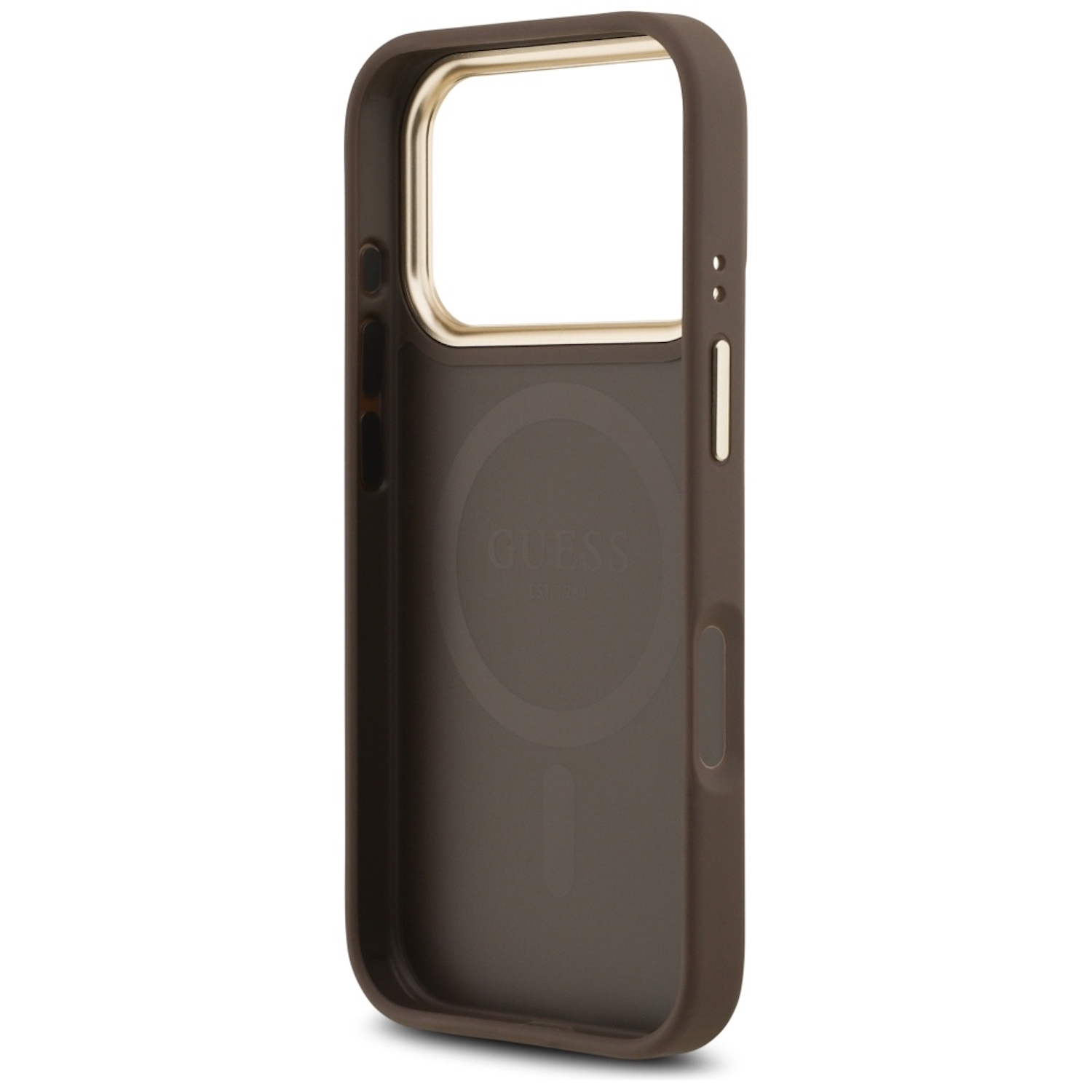 Una custodia per telefono marrone con una cornice dorata per la fotocamera. Il logo Guess è sul retro.