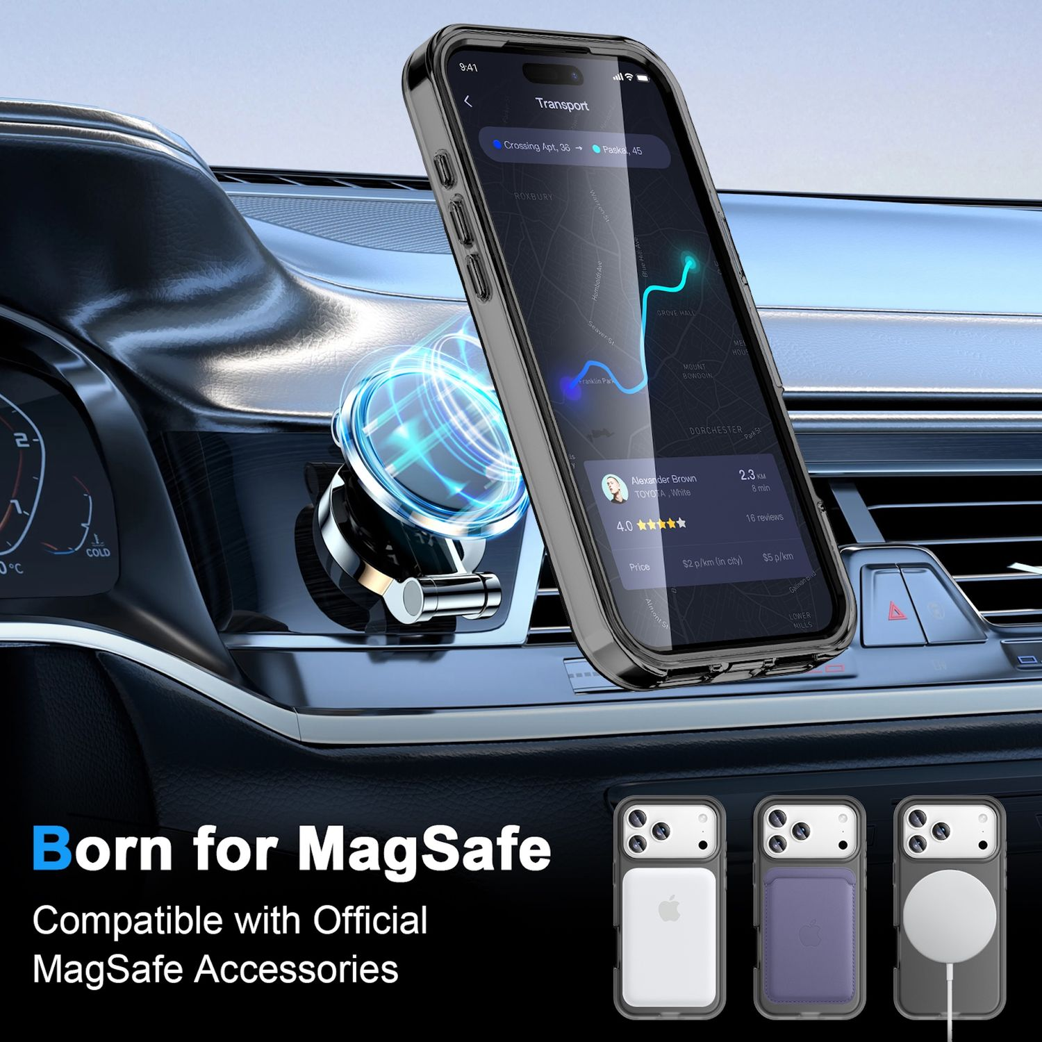 Ein Telefon mit Navigations-App ist in einem Auto montiert. Darunter steht 'Born for MagSafe'. Gezeigte Hüllen.