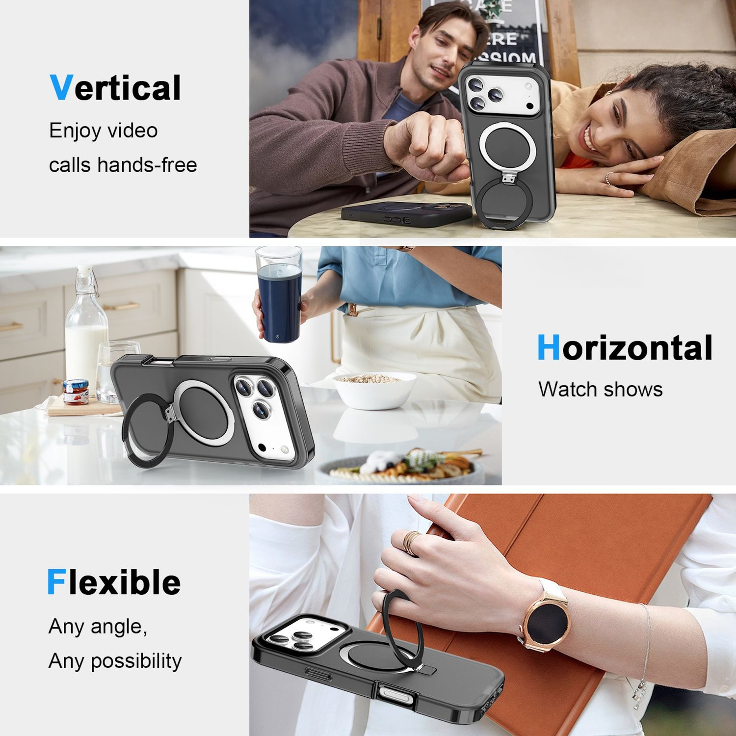 Ein Telefon mit Hülle wird in verschiedenen Positionen mit Personen gezeigt. Die Hülle hat einen Ringhalter. Text weist auf vertikale und horizontale Nutzung hin.