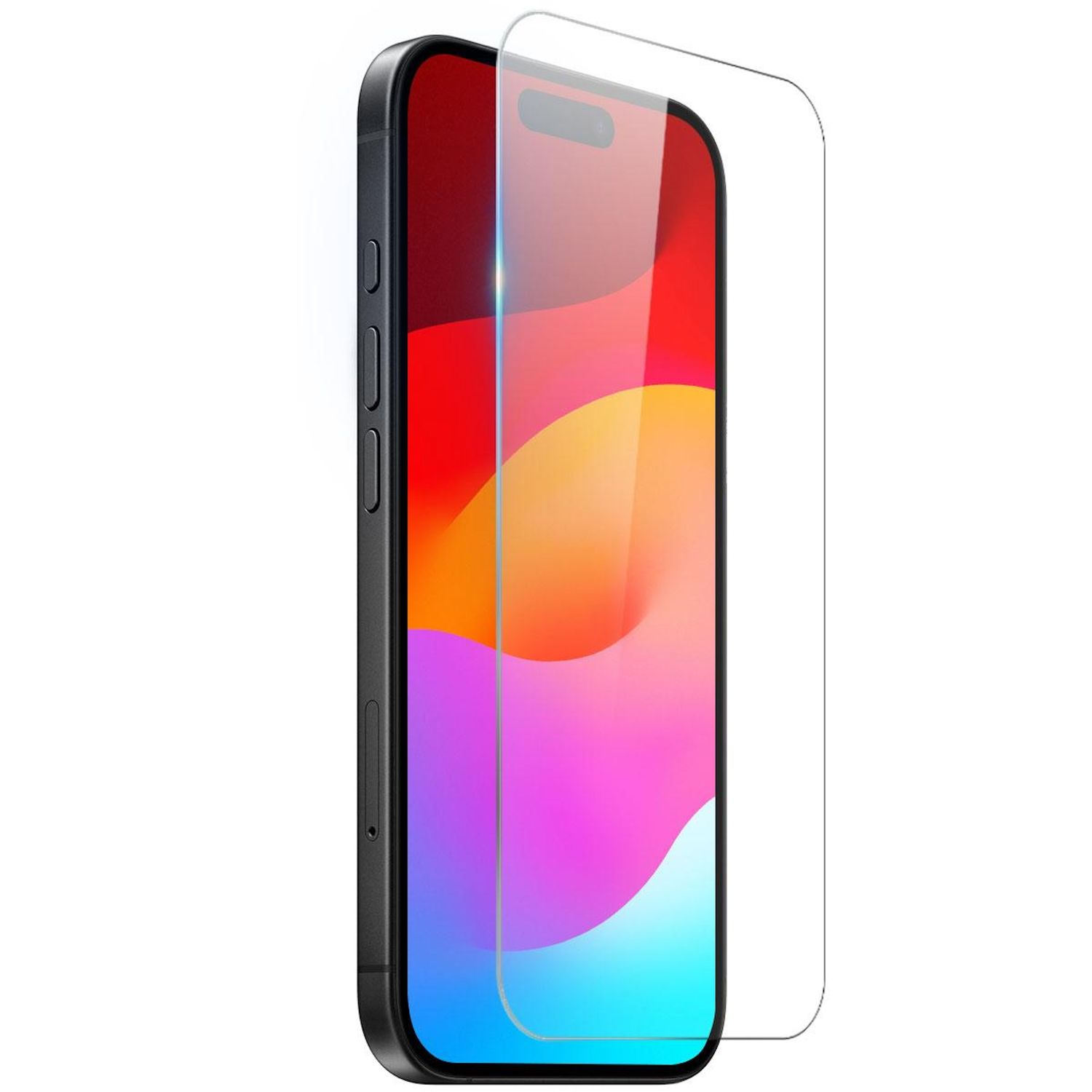 Schwarzes Smartphone mit aufgebrachter Displayschutzfolie. Der Bildschirm zeigt einen bunten Farbverlauf. Eine klare Schutzfolie ist überlagert.
