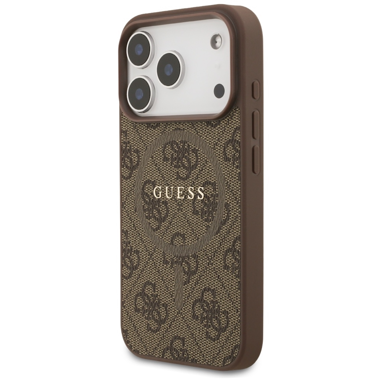 Custodia per telefono Guess marrone con stampa logo. Presenta ritagli per fotocamera e pulsanti laterali. Per smartphone.