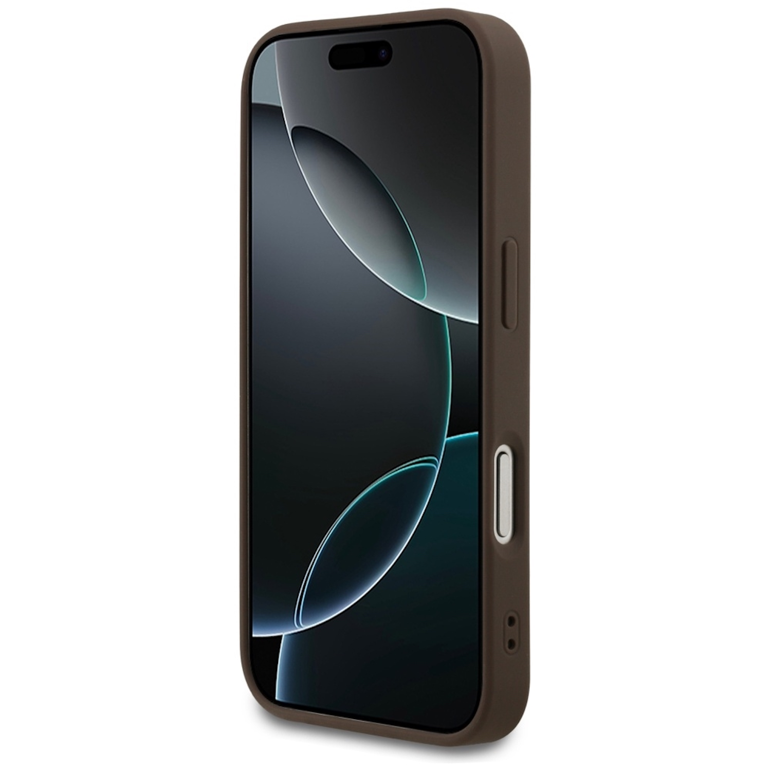 Una custodia marrone per telefono con schermo nero. Lo schermo mostra un design astratto scuro. La custodia ha pulsanti laterali e un ritaglio per la fotocamera.