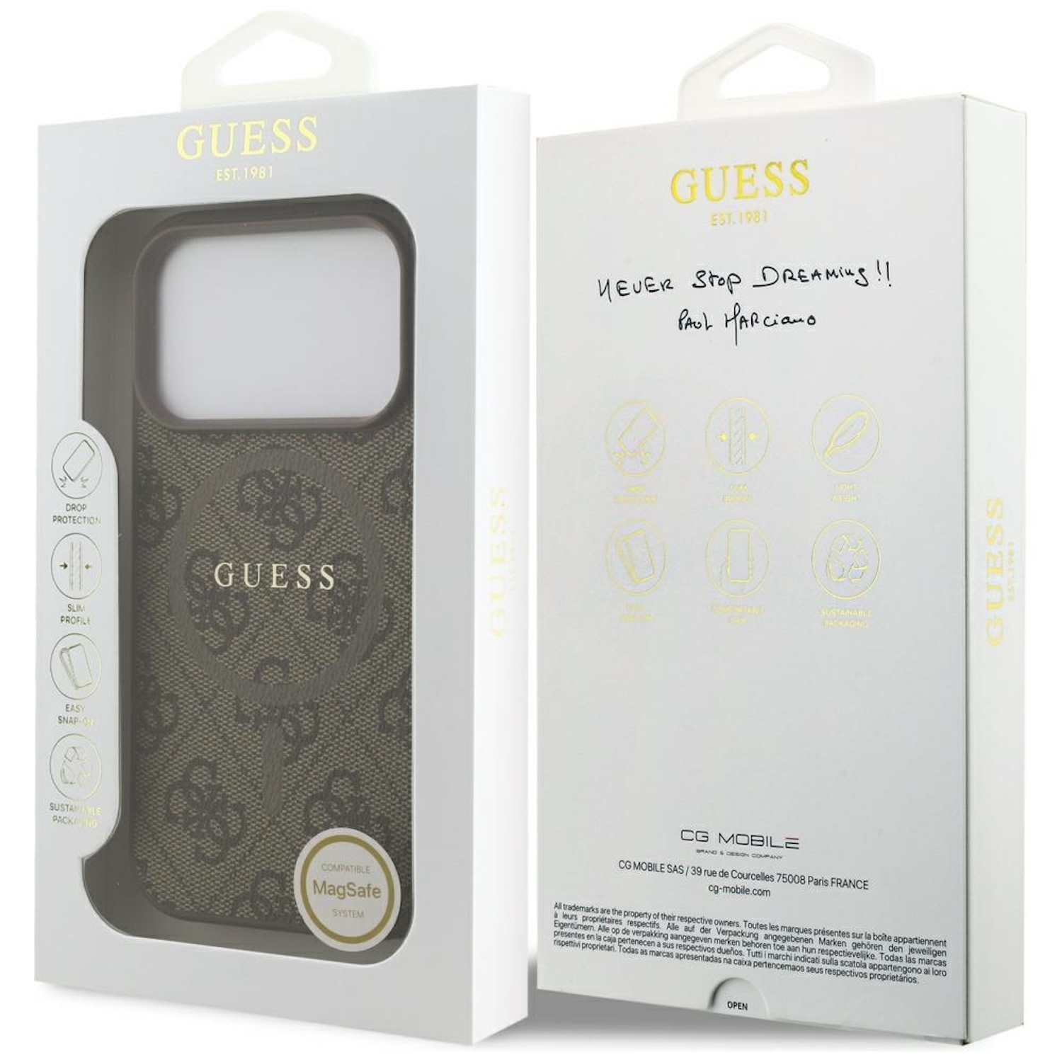 Una custodia per telefono Guess in una scatola bianca con il logo del marchio. La scatola è aperta, rivelando la custodia e un messaggio scritto a mano.