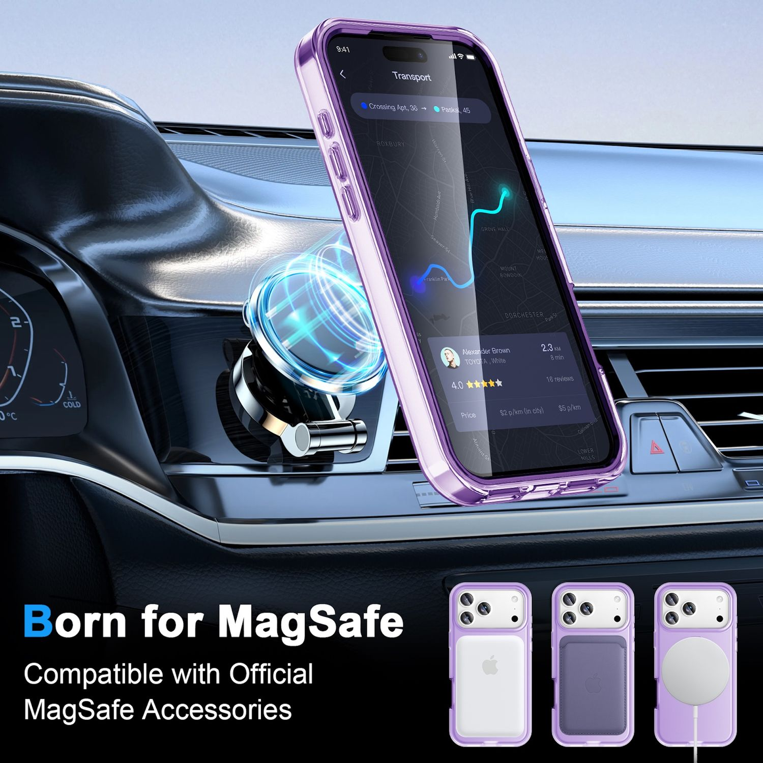 Ein Telefon mit Karte ist in einem Auto montiert. Das Telefon befindet sich in einer lila Hülle. Zubehör befindet sich unten.