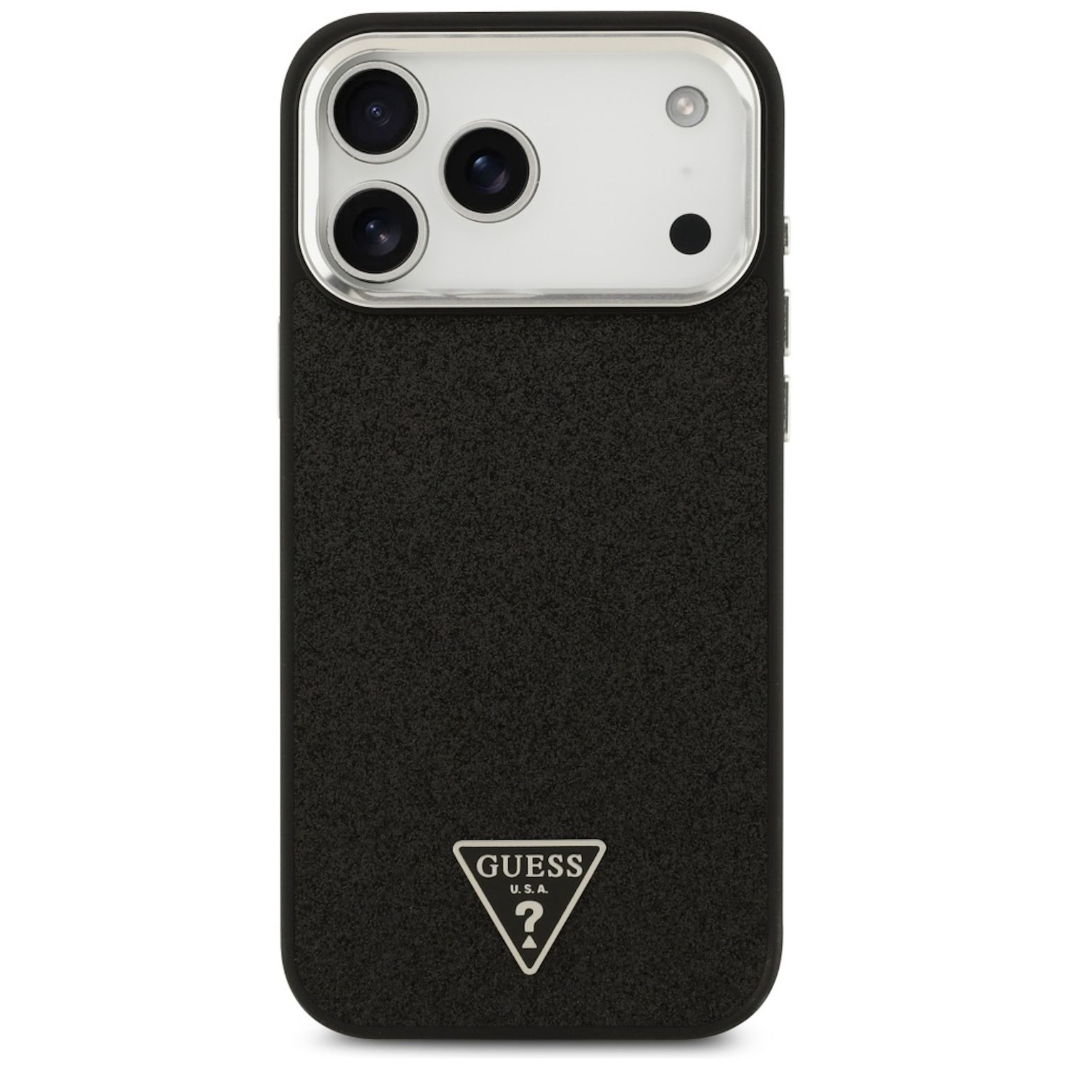 Eine schwarze Handyhülle mit silbernem Kameramodul. Unten ist das Guess-Logo.