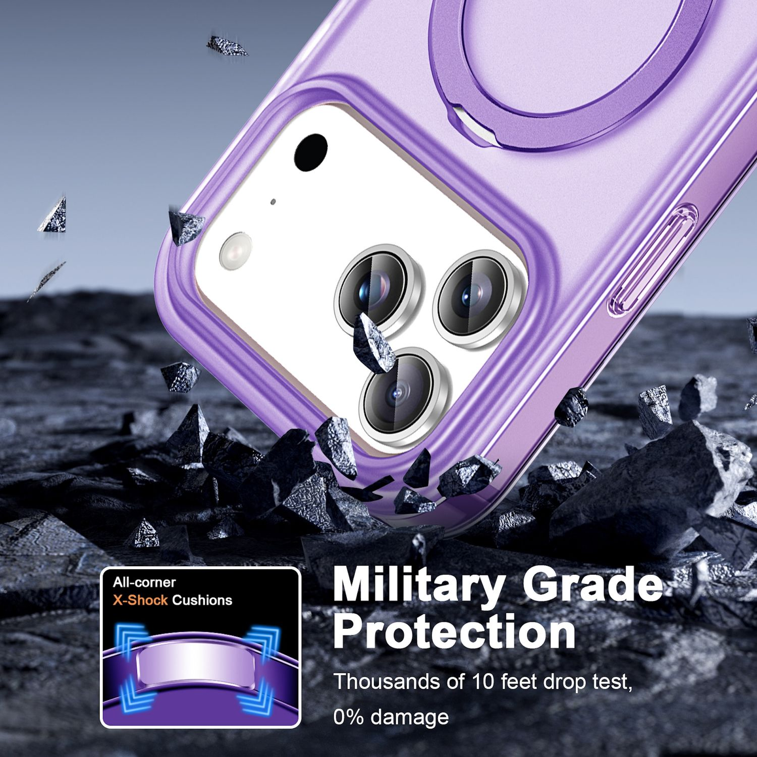 Lila Handyhülle mit Kamera, Text "Military Grade Protection" und "X-Shock Cushions". Hintergrund zeigt Aufprall.