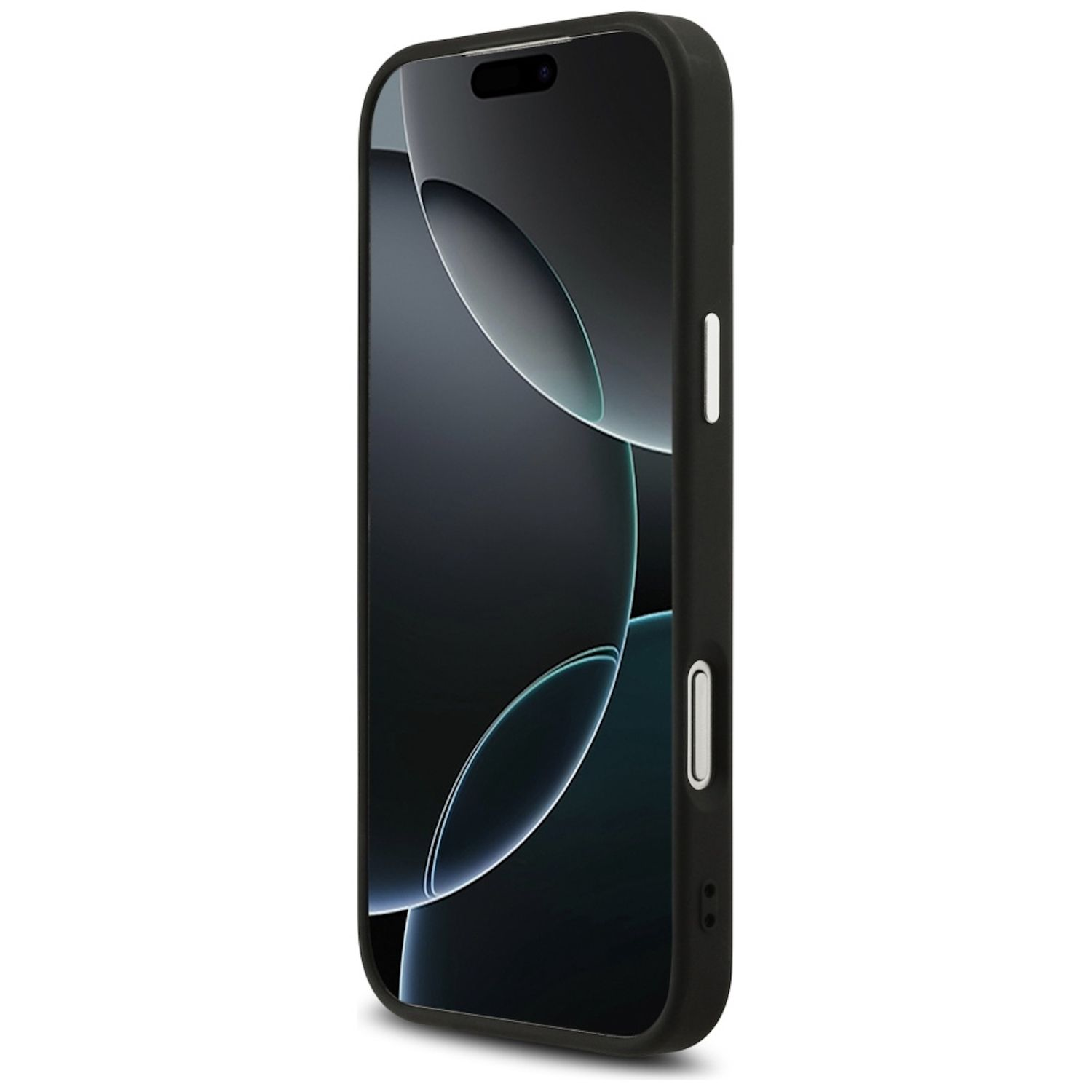 Ein schwarzes iPhone in einer schwarzen Hülle. Der Bildschirm zeigt ein dunkles Hintergrundbild mit geschwungenen weißen und blauen Linien.
